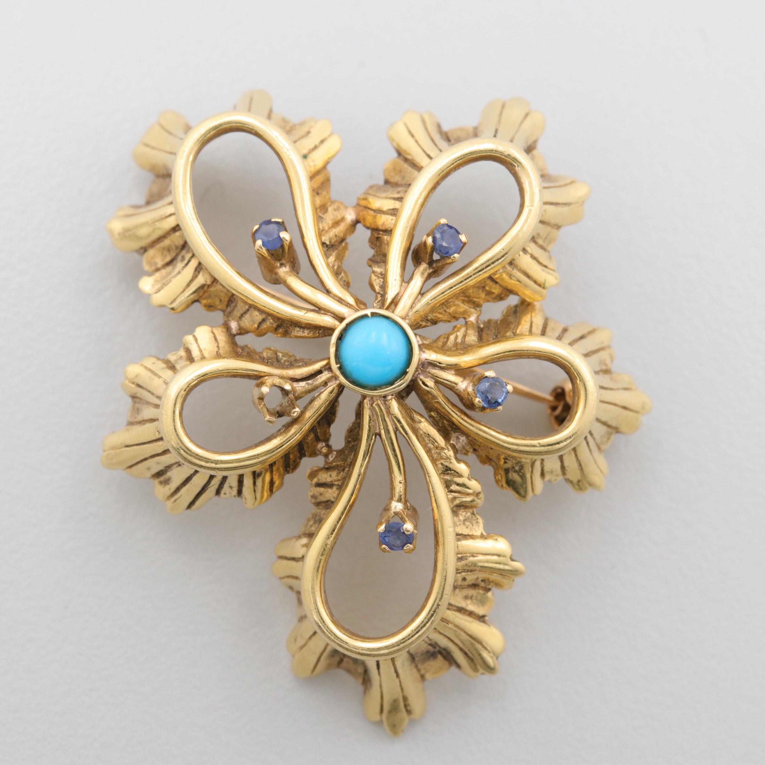 Circa 1960s Tiffany & Co 18K Yellow Gold Turquoise and Blue Sapphire Brooch