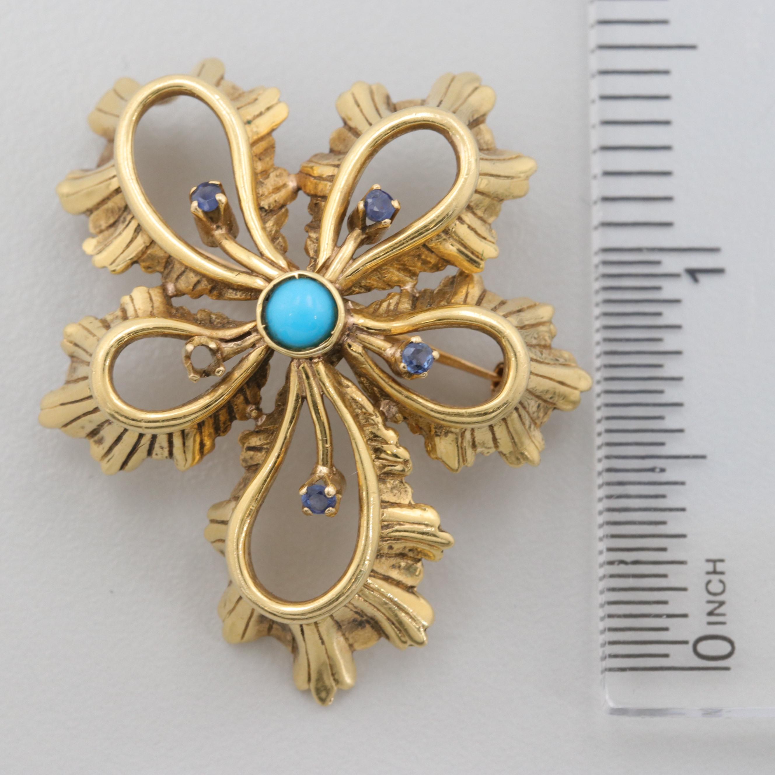 Circa 1960s Tiffany & Co 18K Yellow Gold Turquoise and Blue Sapphire Brooch