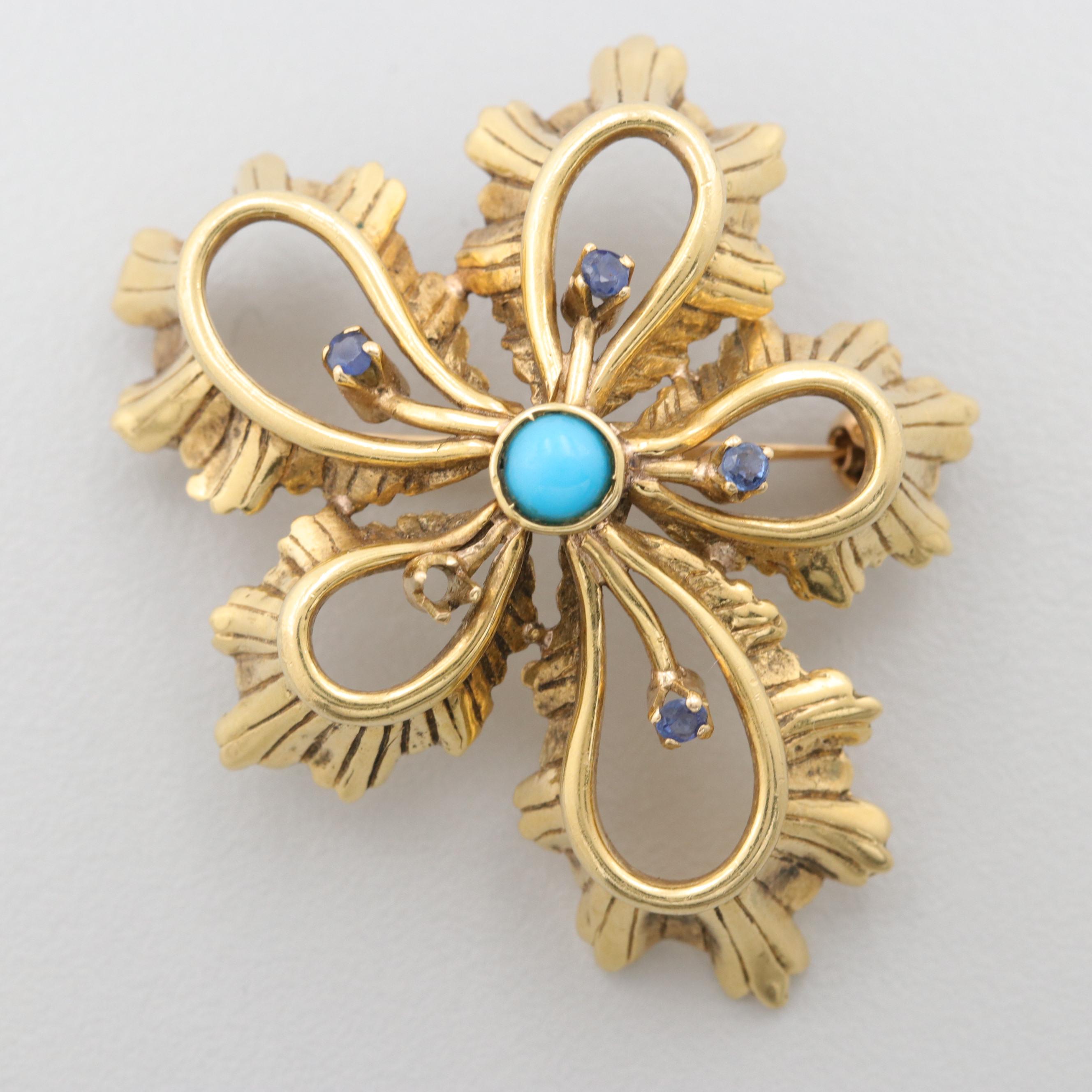 Circa 1960s Tiffany & Co 18K Yellow Gold Turquoise and Blue Sapphire Brooch