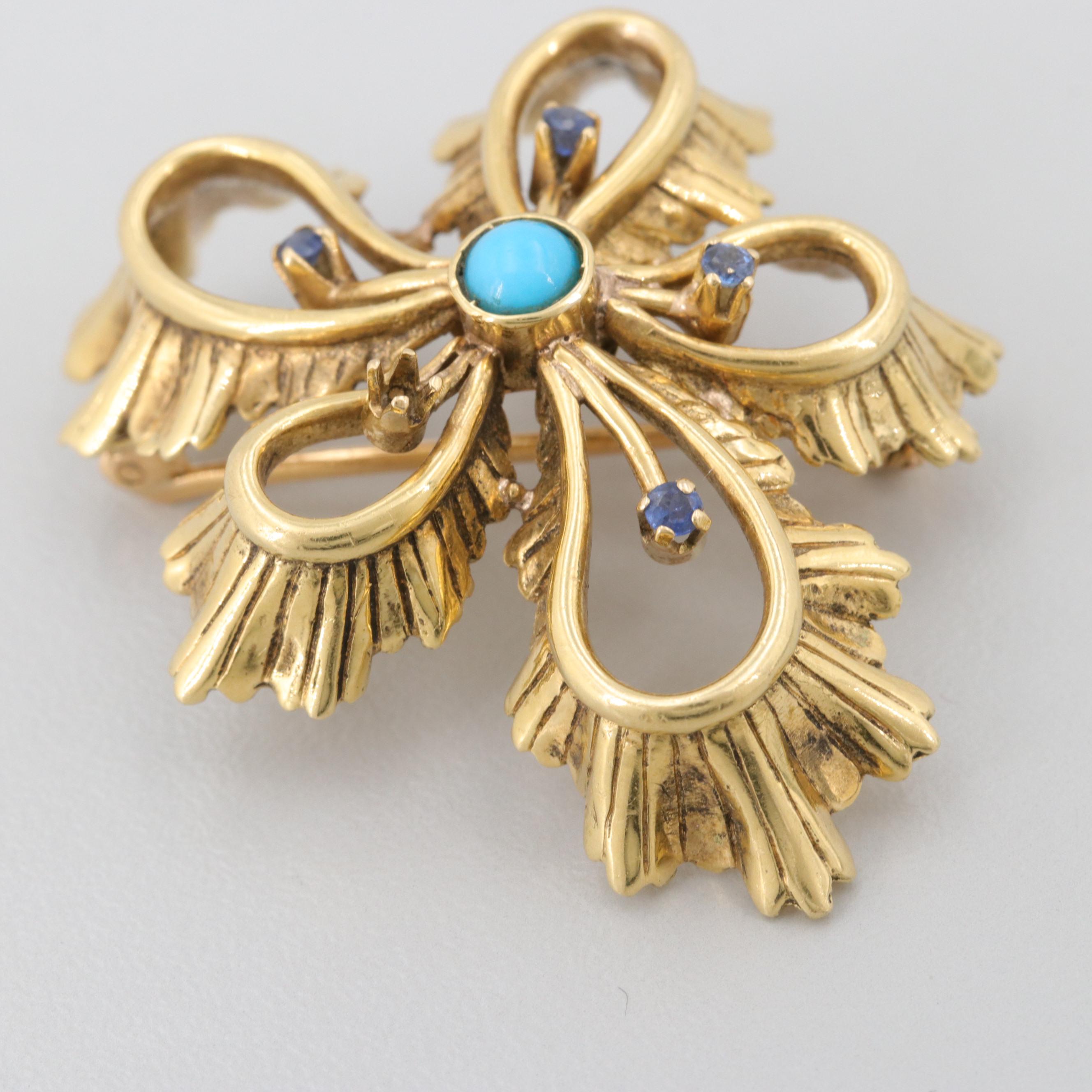 Circa 1960s Tiffany & Co 18K Yellow Gold Turquoise and Blue Sapphire Brooch