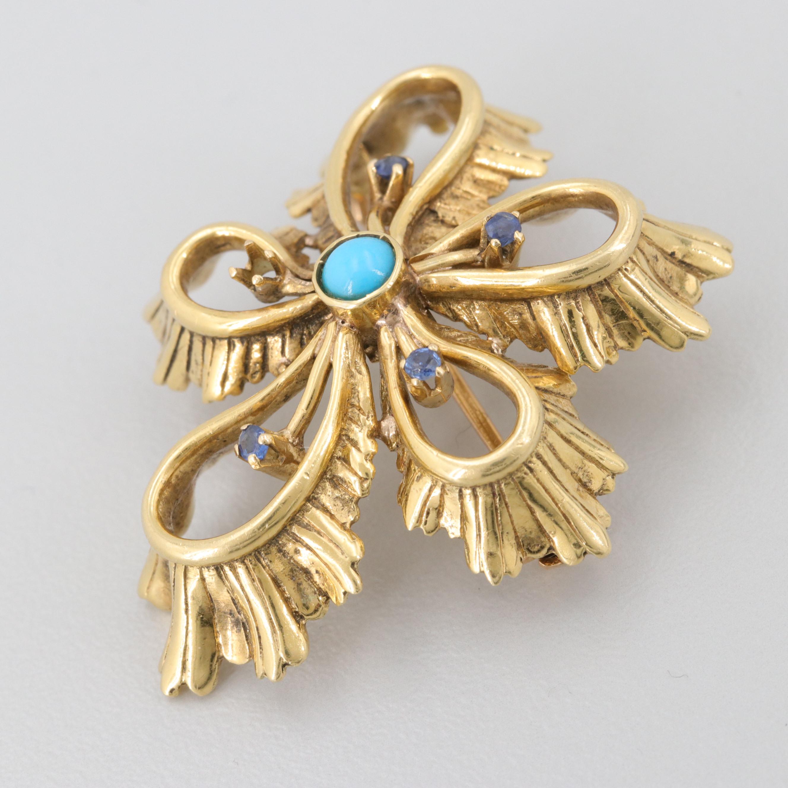 Circa 1960s Tiffany & Co 18K Yellow Gold Turquoise and Blue Sapphire Brooch