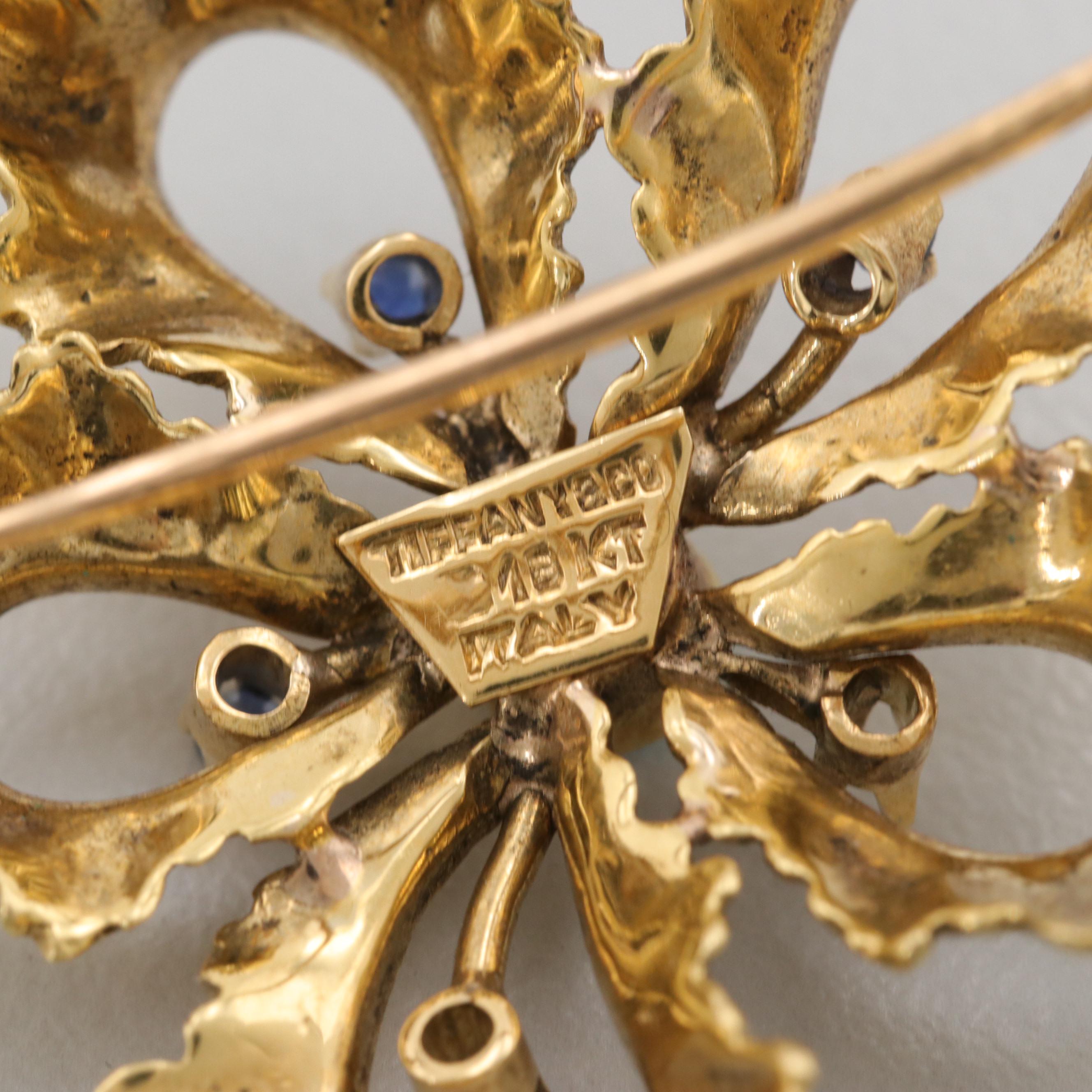 Circa 1960s Tiffany & Co 18K Yellow Gold Turquoise and Blue Sapphire Brooch