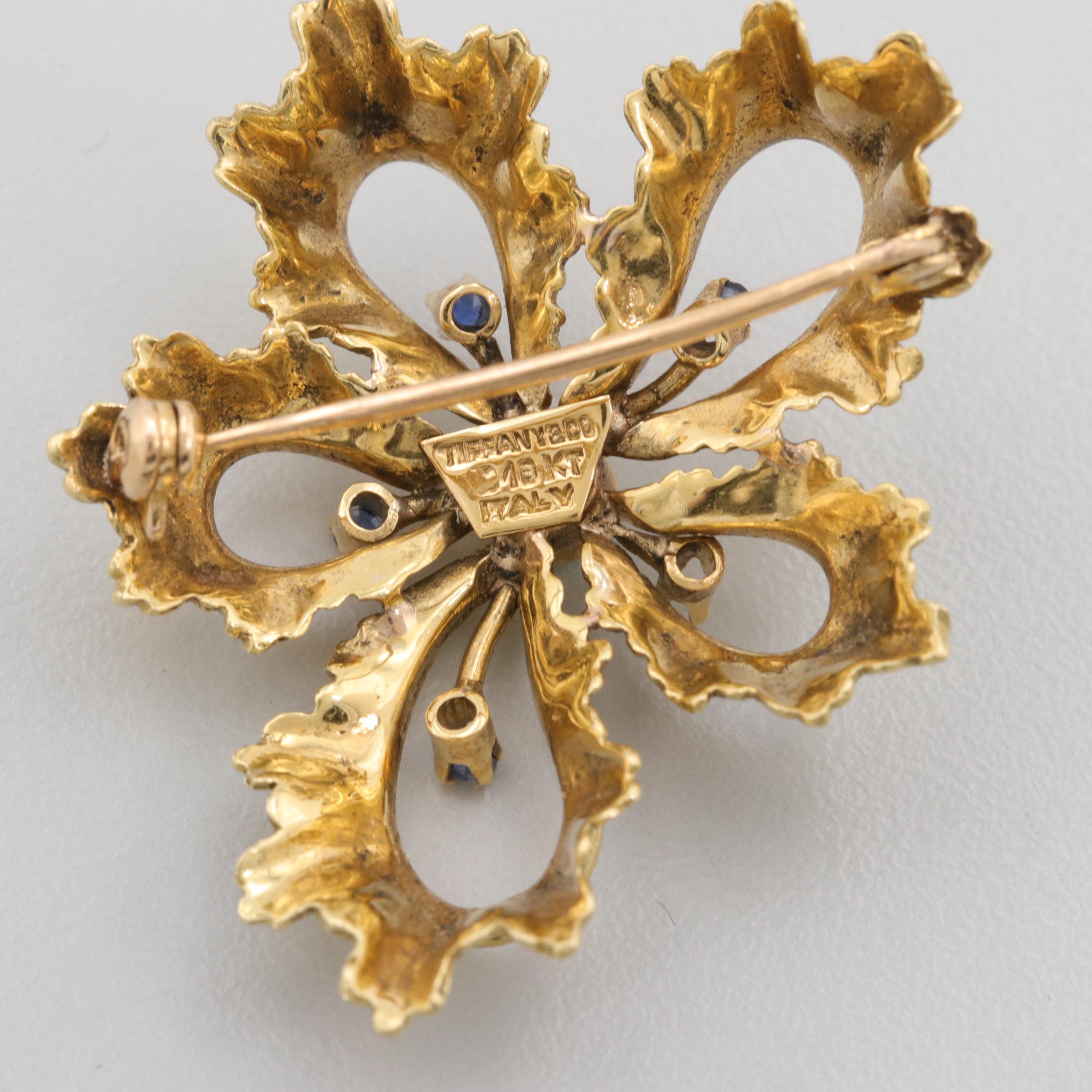 Circa 1960s Tiffany & Co 18K Yellow Gold Turquoise and Blue Sapphire Brooch