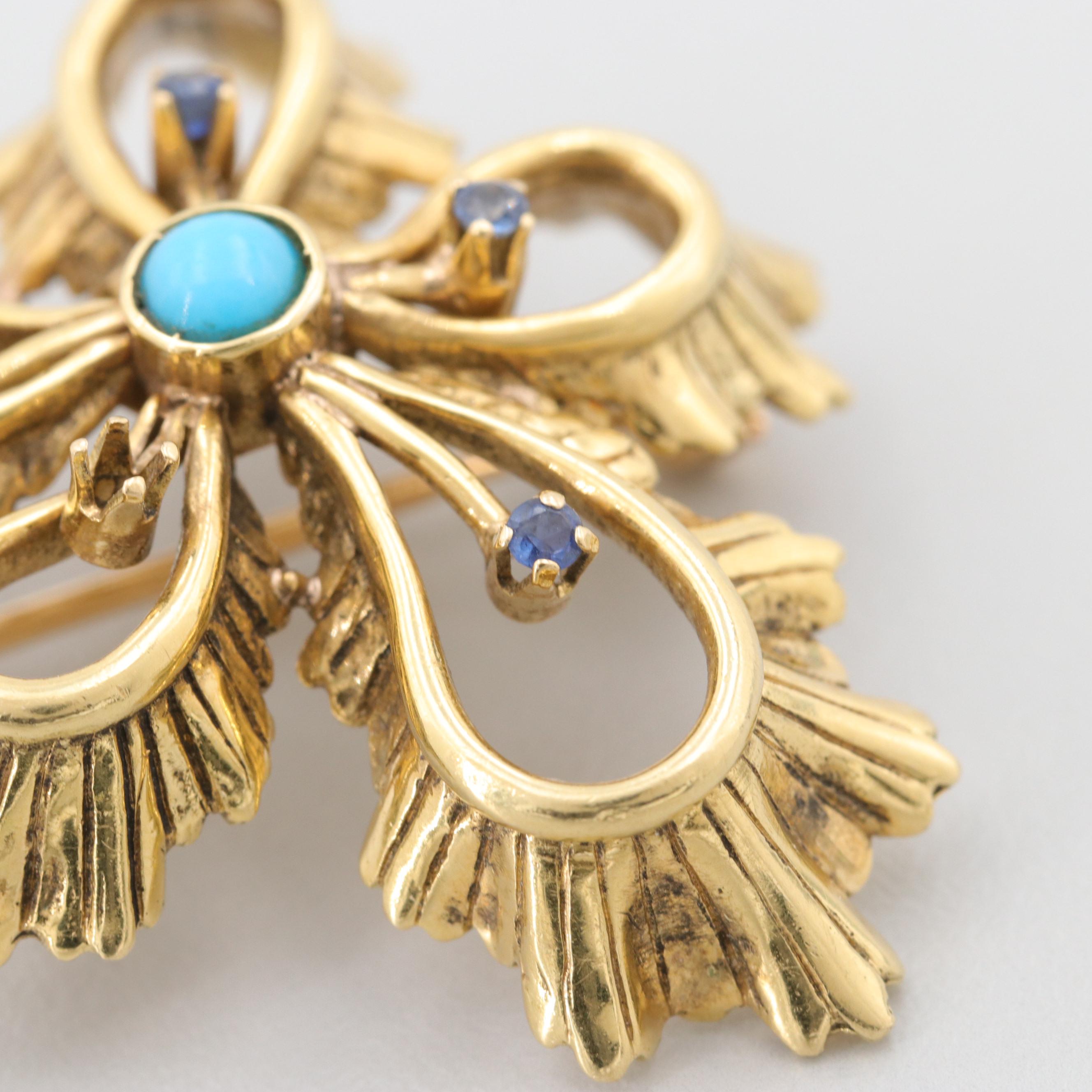 Circa 1960s Tiffany & Co 18K Yellow Gold Turquoise and Blue Sapphire Brooch