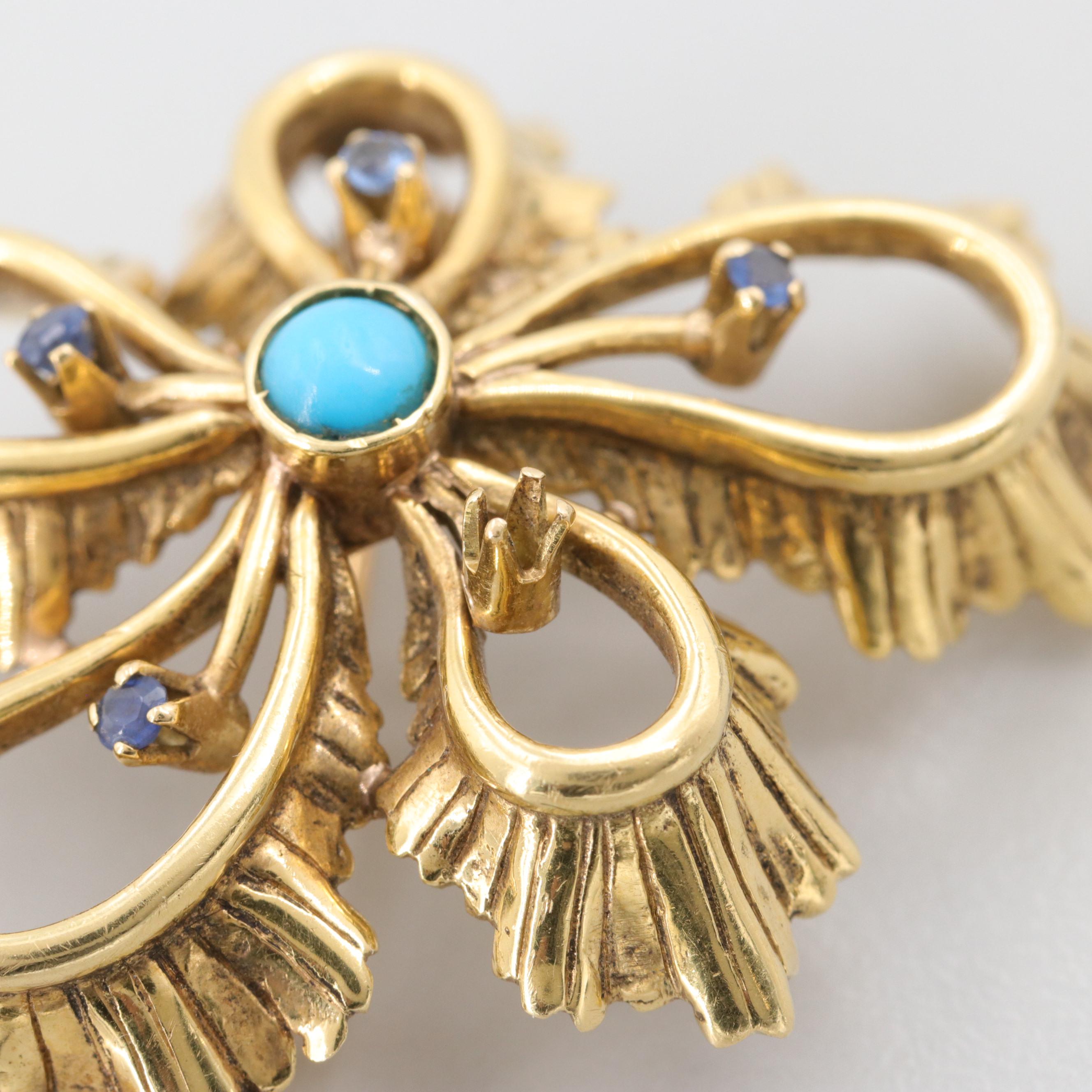 Circa 1960s Tiffany & Co 18K Yellow Gold Turquoise and Blue Sapphire Brooch