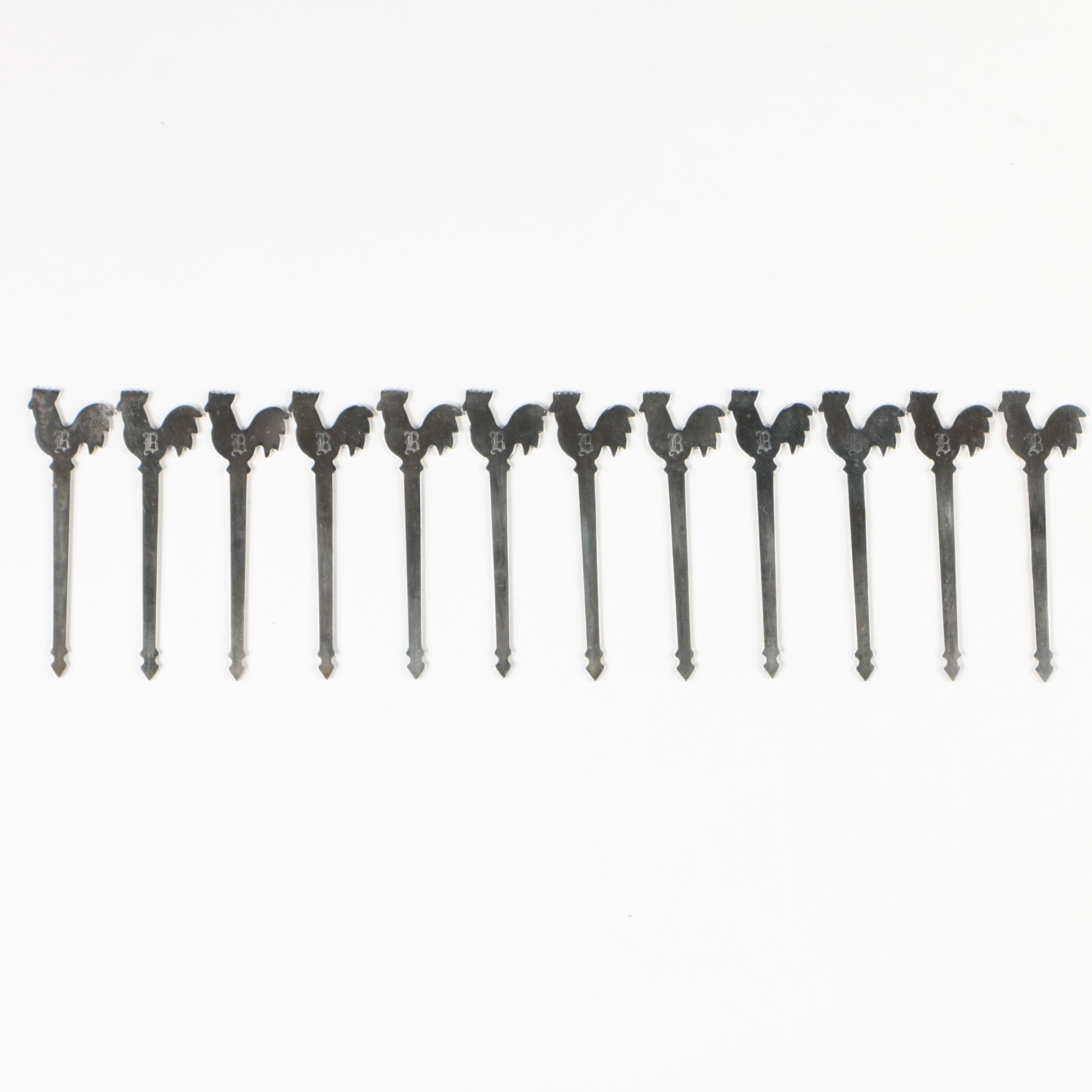 Sterling Silver Rooster Cocktail Pick Set with Cloth Pouch