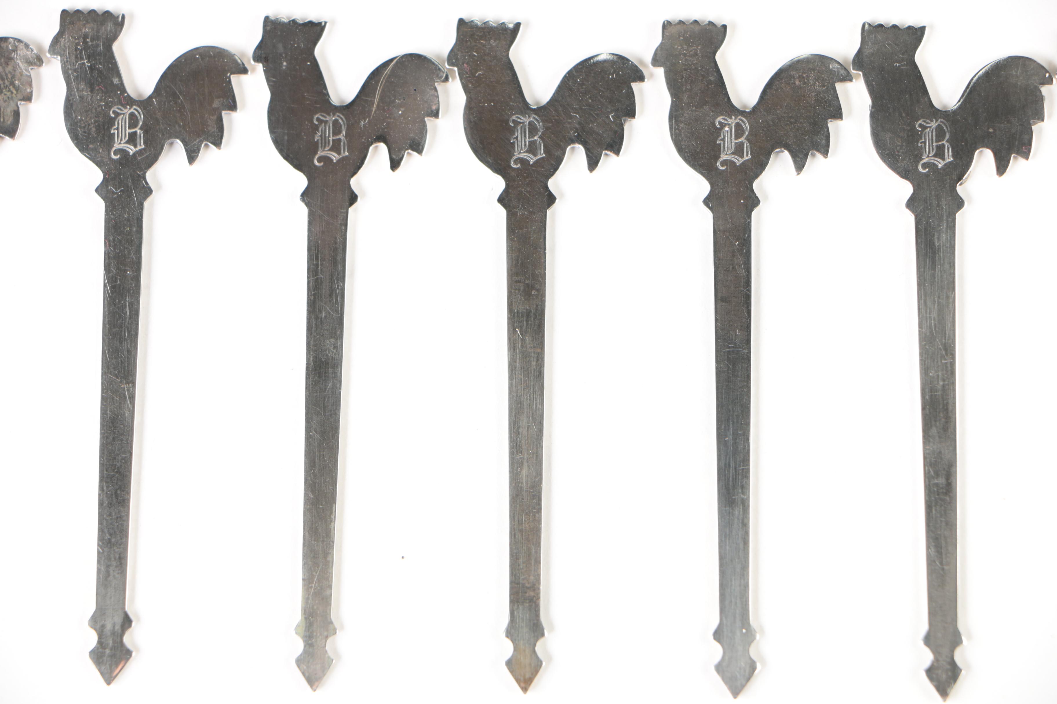 Sterling Silver Rooster Cocktail Pick Set with Cloth Pouch