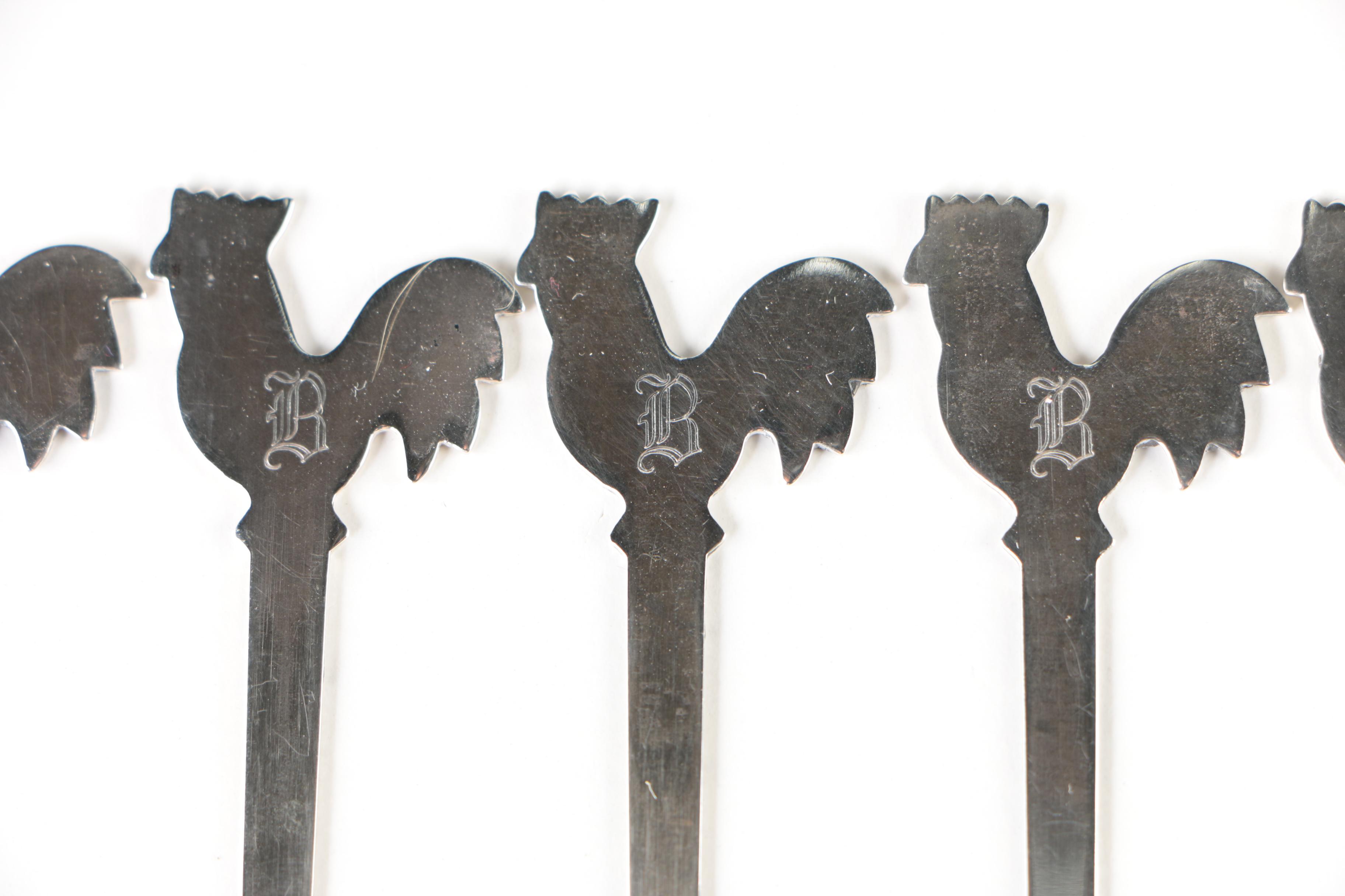 Sterling Silver Rooster Cocktail Pick Set with Cloth Pouch