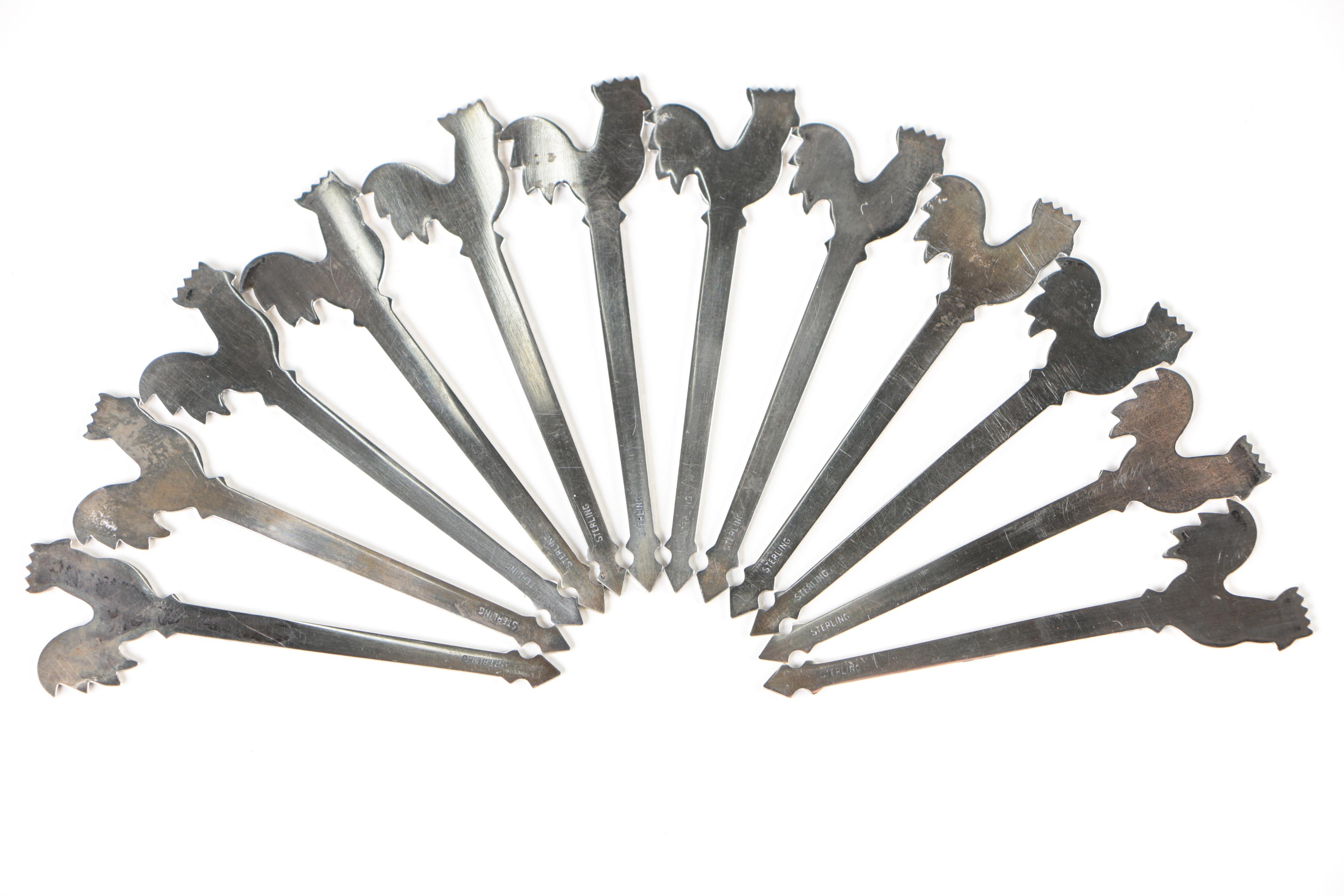 Sterling Silver Rooster Cocktail Pick Set with Cloth Pouch