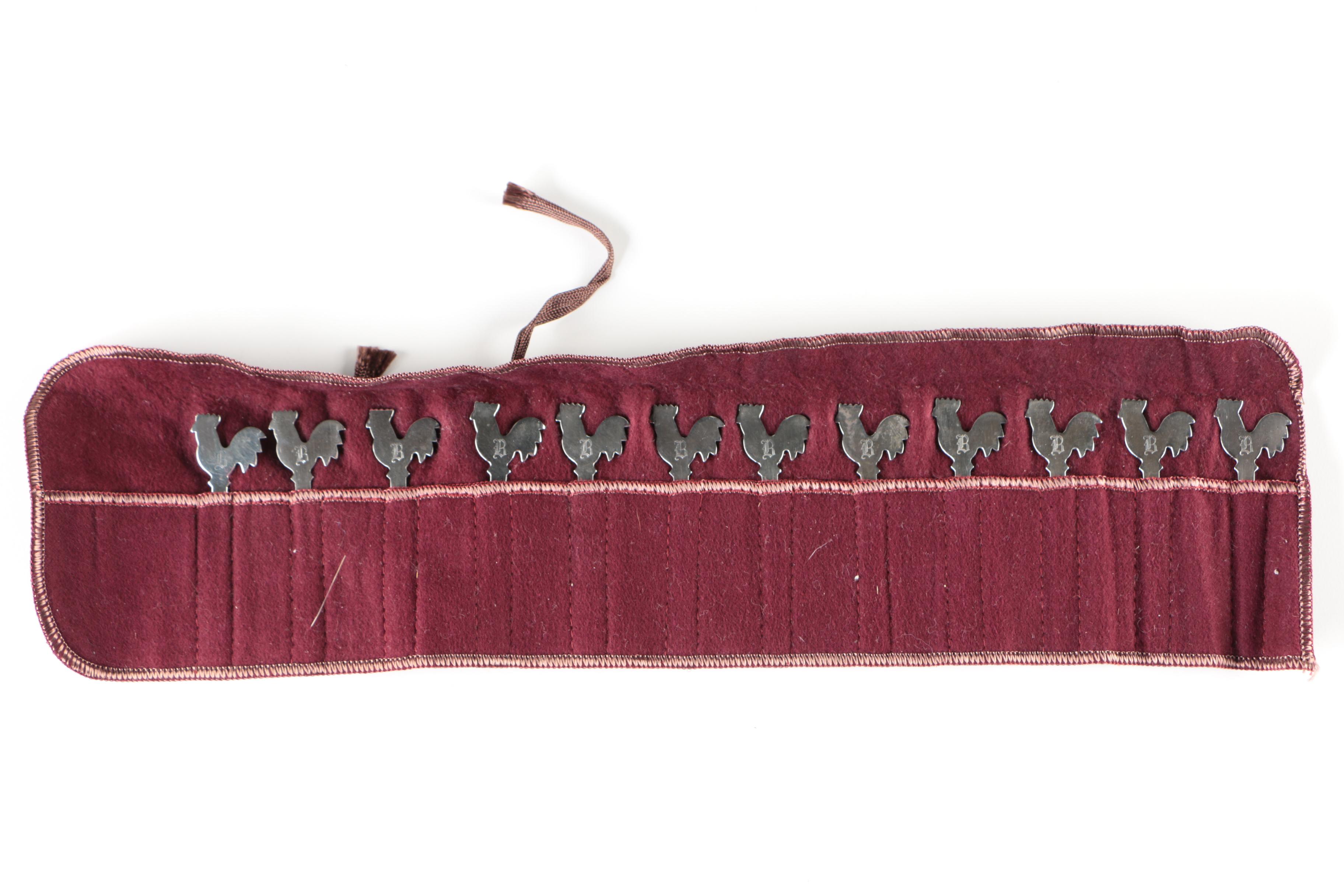 Sterling Silver Rooster Cocktail Pick Set with Cloth Pouch