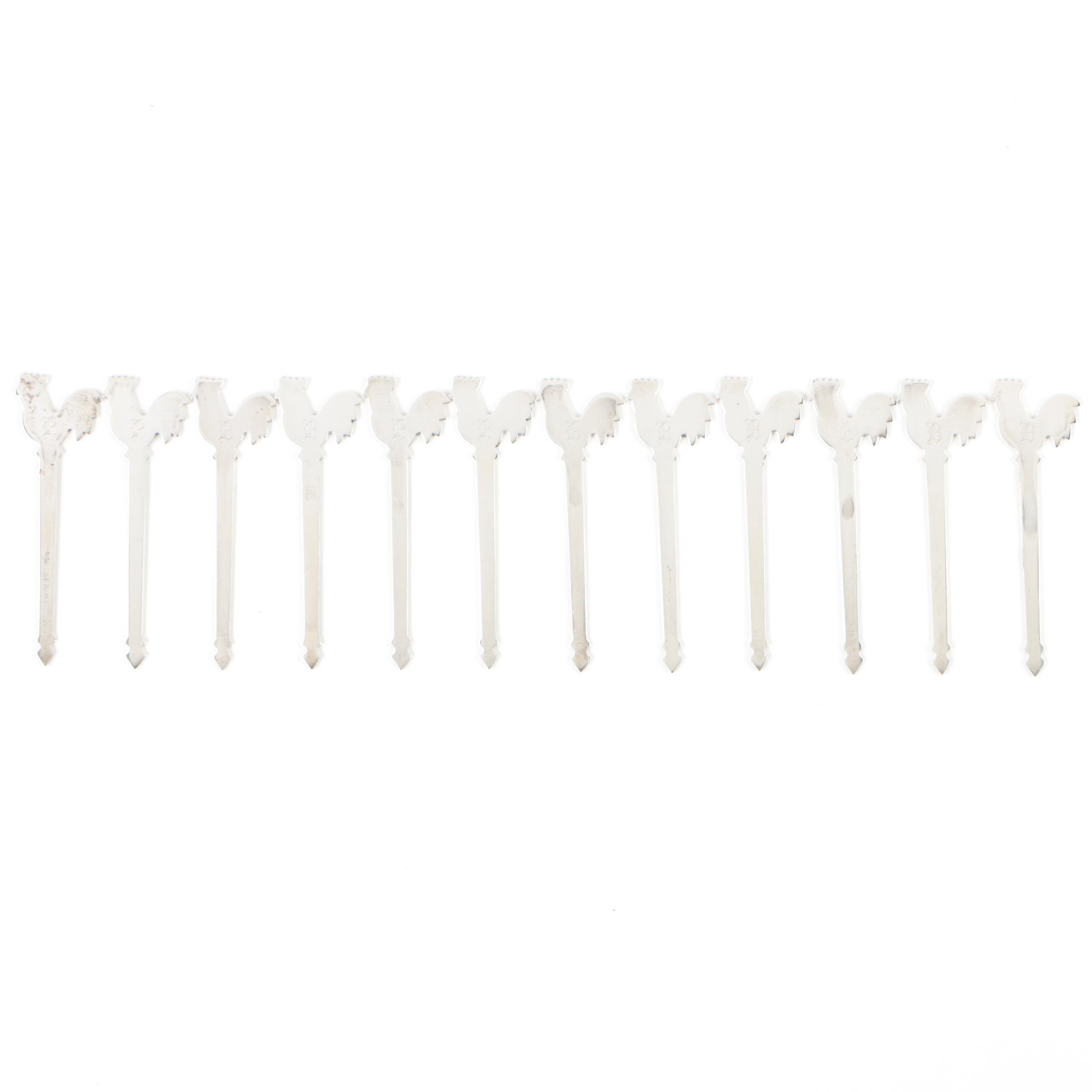 Sterling Silver Rooster Cocktail Pick Set with Cloth Pouch