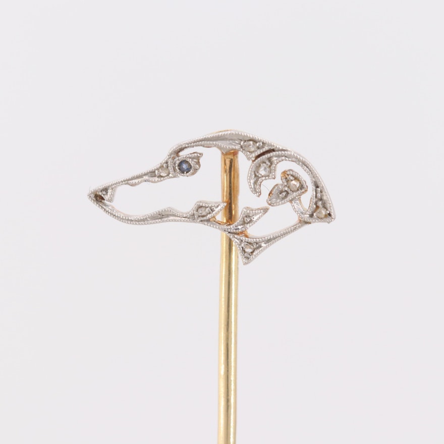 Edwardian Platinum and 14K Yellow Gold Diamond and Sapphire Dog Stick Pin