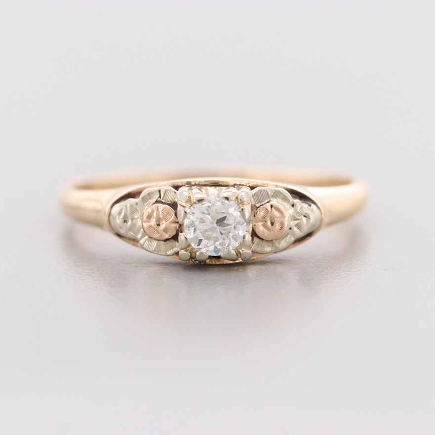 Vintage 1930s 14K Yellow Gold Diamond Floral Ring with Rose Gold Accents