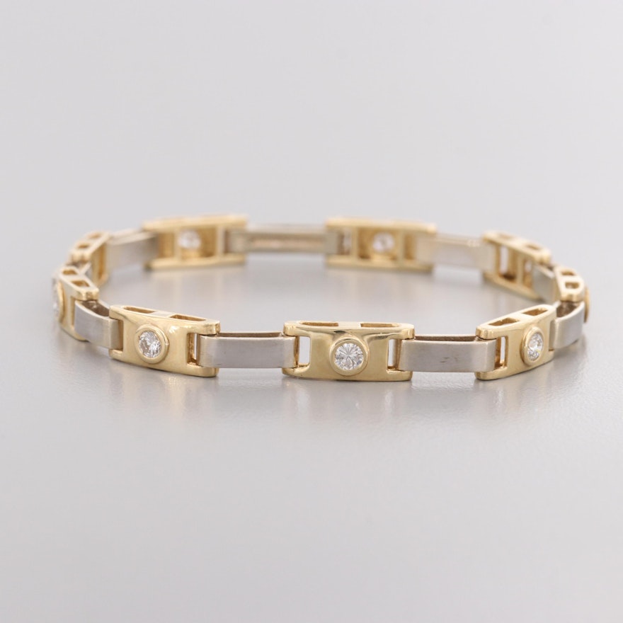 Contemporary 14K Yellow Gold Diamond Bracelet with Brushed White Gold Links
