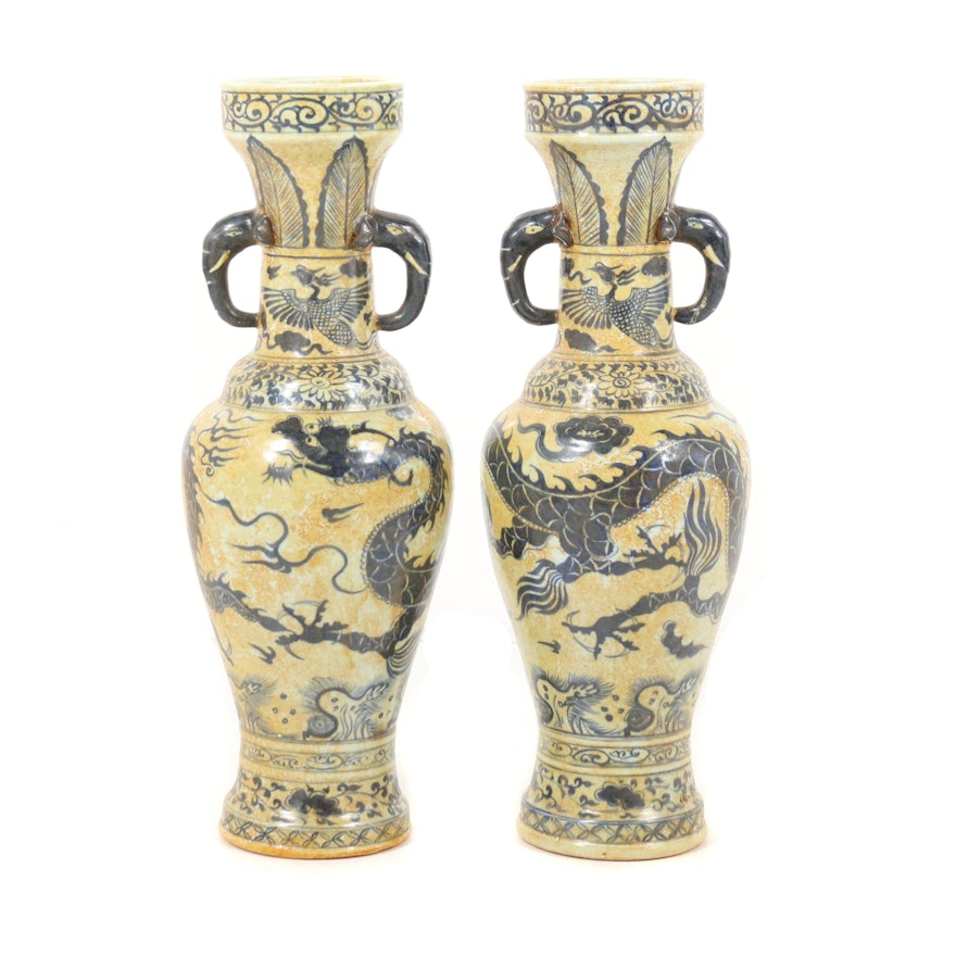 Chinese Blue Dragon Motif Ceramic Vases with Elephant Trunk Handles