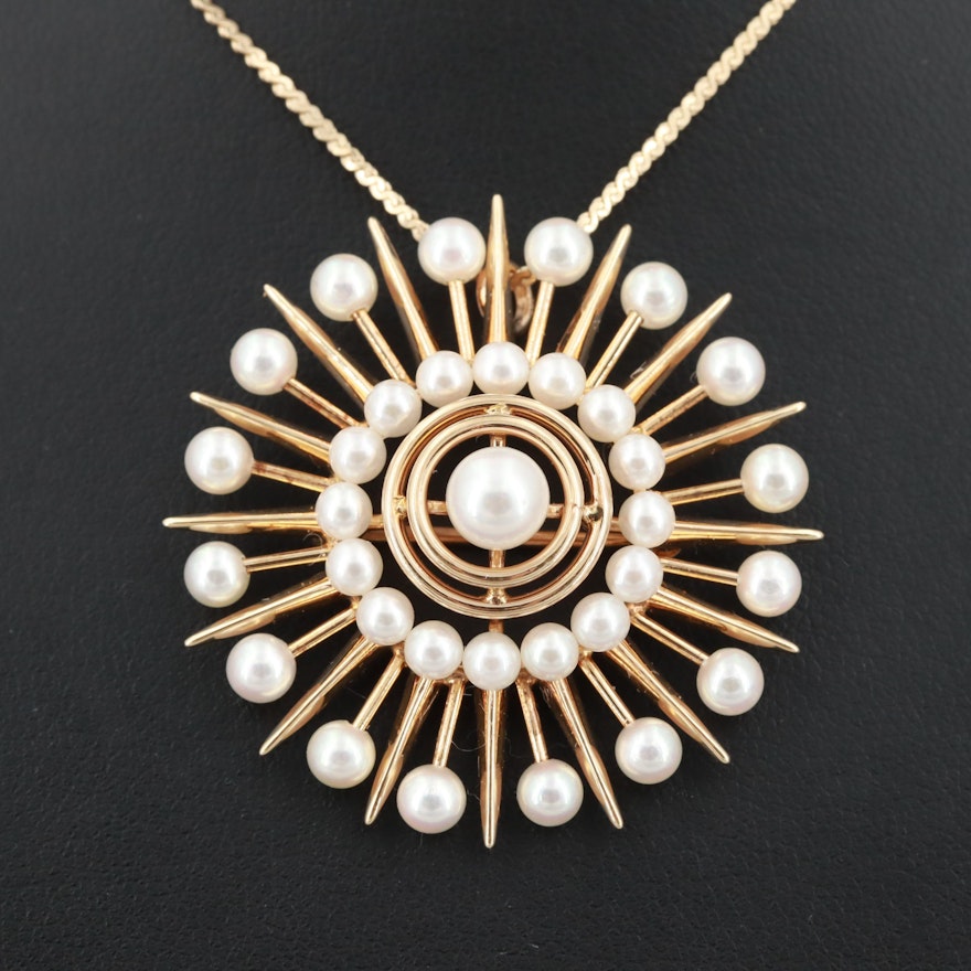 Circa 1950s 14K Yellow Gold Cultured Pearl Starburst Converter Pendant Necklace