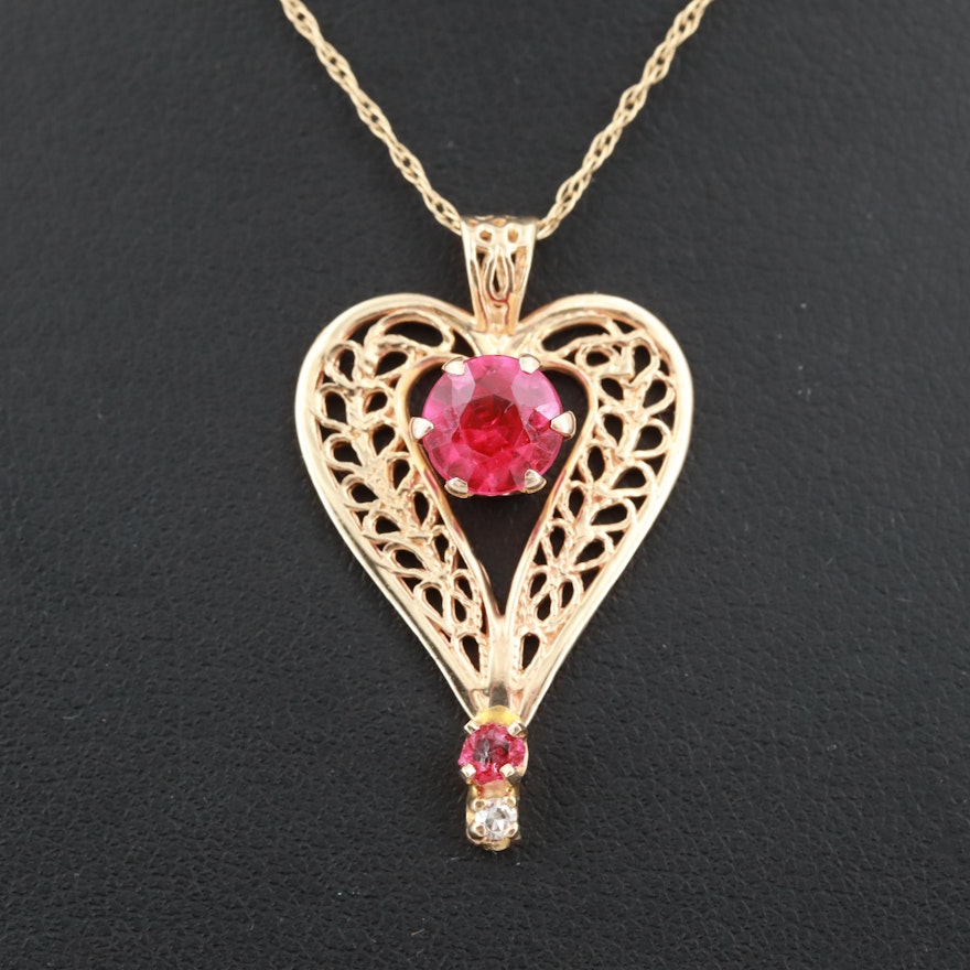 14K Yellow Gold Synthetic Ruby, Glass, and Diamond Pendant Necklace