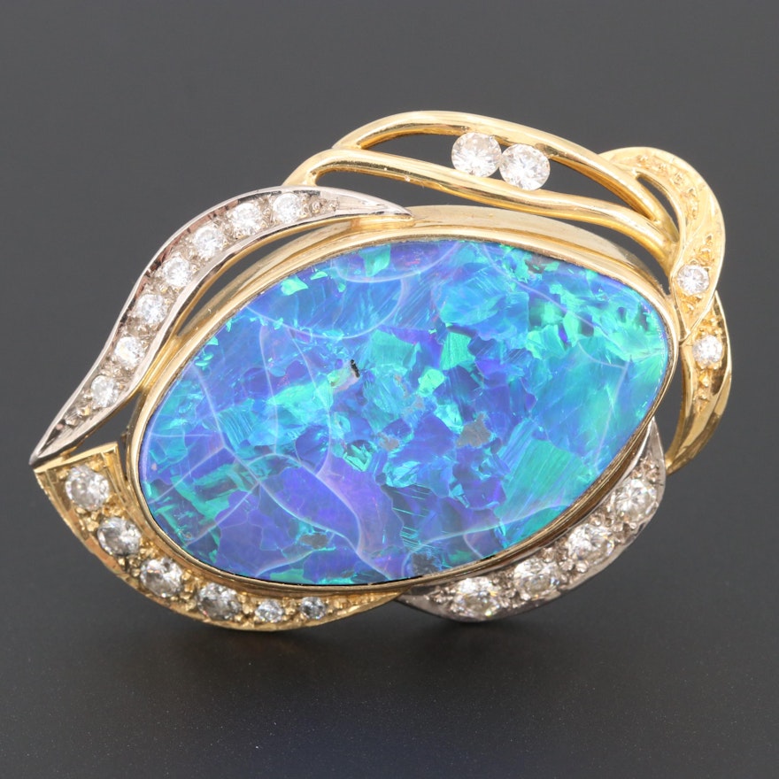 18K Yellow Gold Opal and 1.51 CTW Diamond Converter Brooch