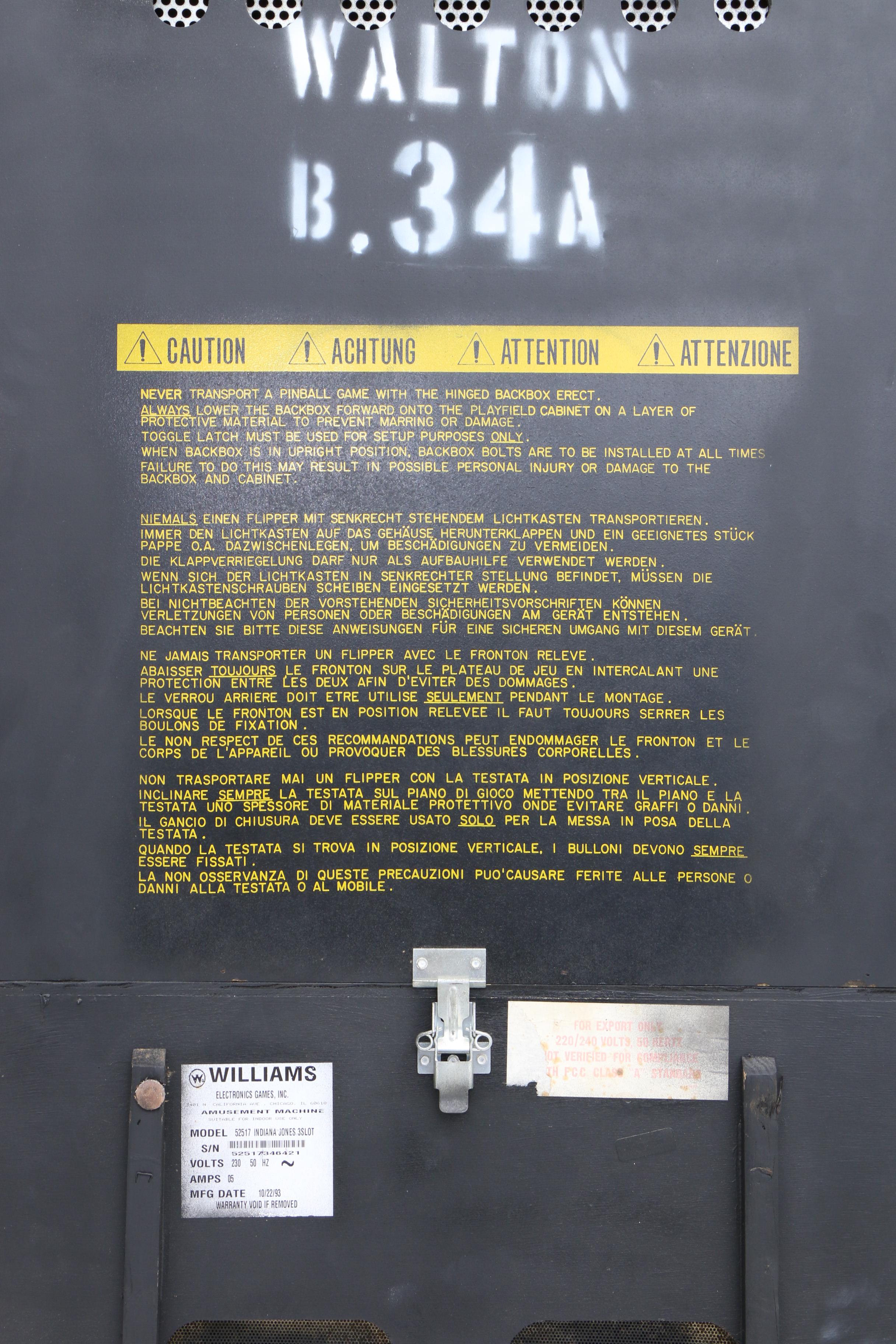 1993 Indiana Jones Adventure Pinball Machine by Williams Electric Games