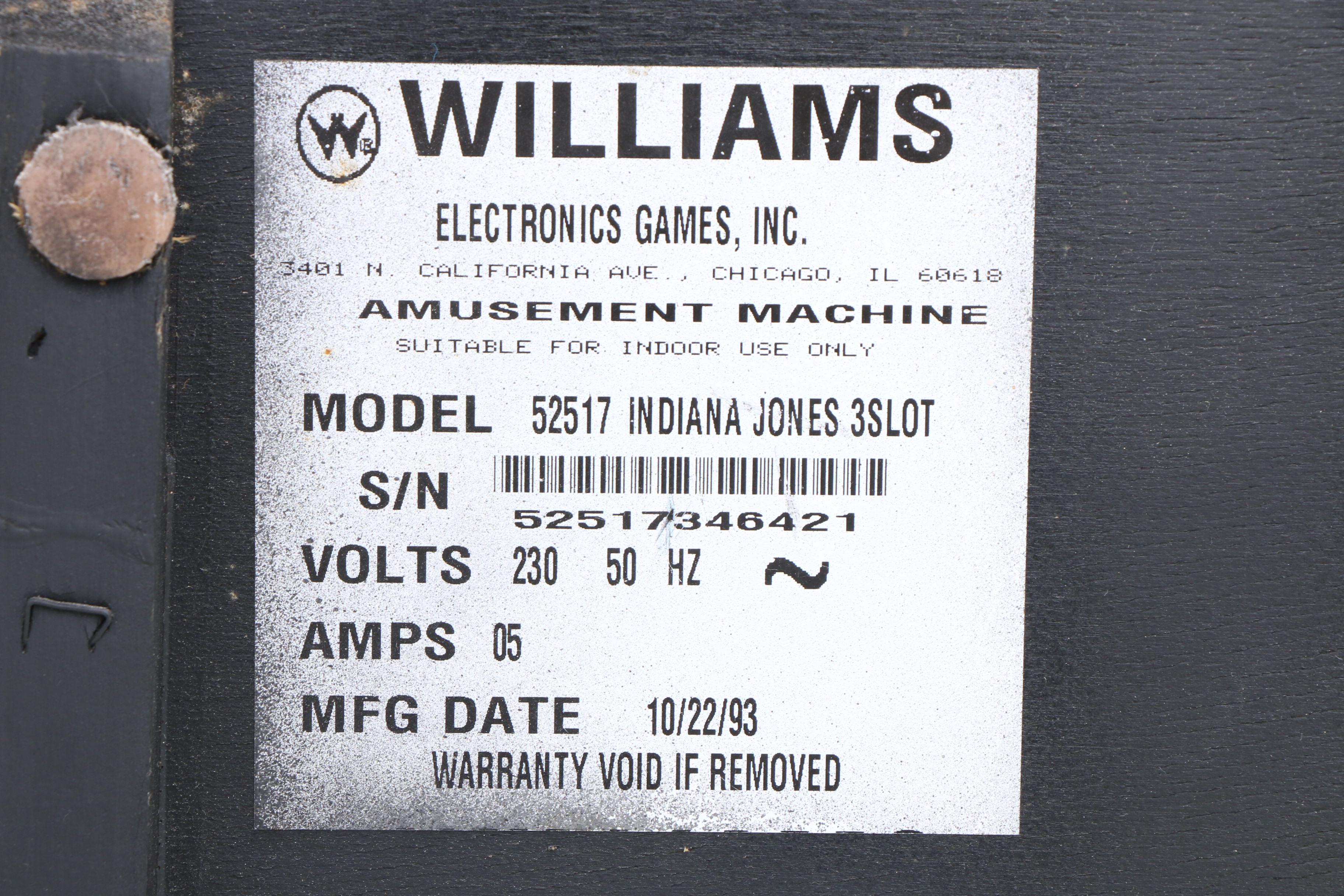 1993 Indiana Jones Adventure Pinball Machine by Williams Electric Games