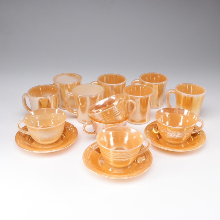 Fire-King Peach Lusterware Glass Teacups and Mugs, 1950s/1960s