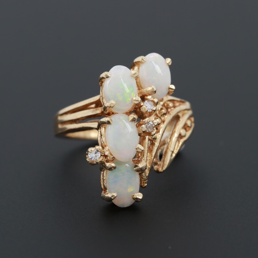 Vintage 14K Yellow Opal and Diamond Ring