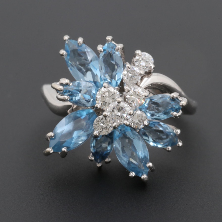 Vintage 14K White Gold Diamond and Aquamarine Ring