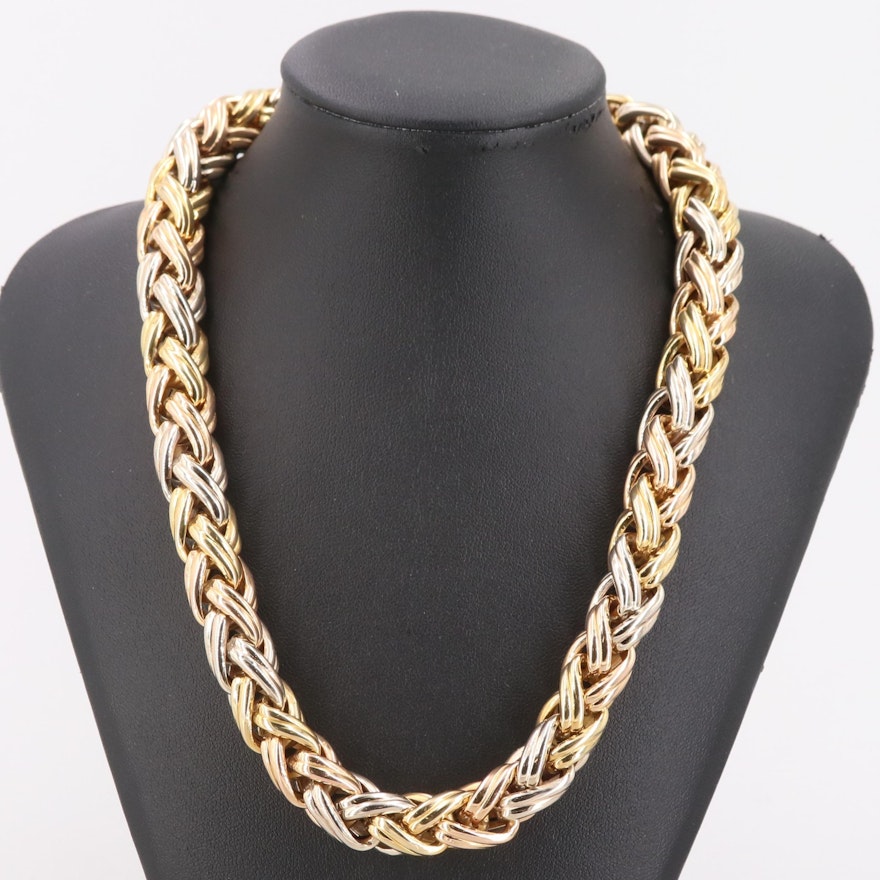 Italian 18K Tri-Color Gold Braided Link Necklace
