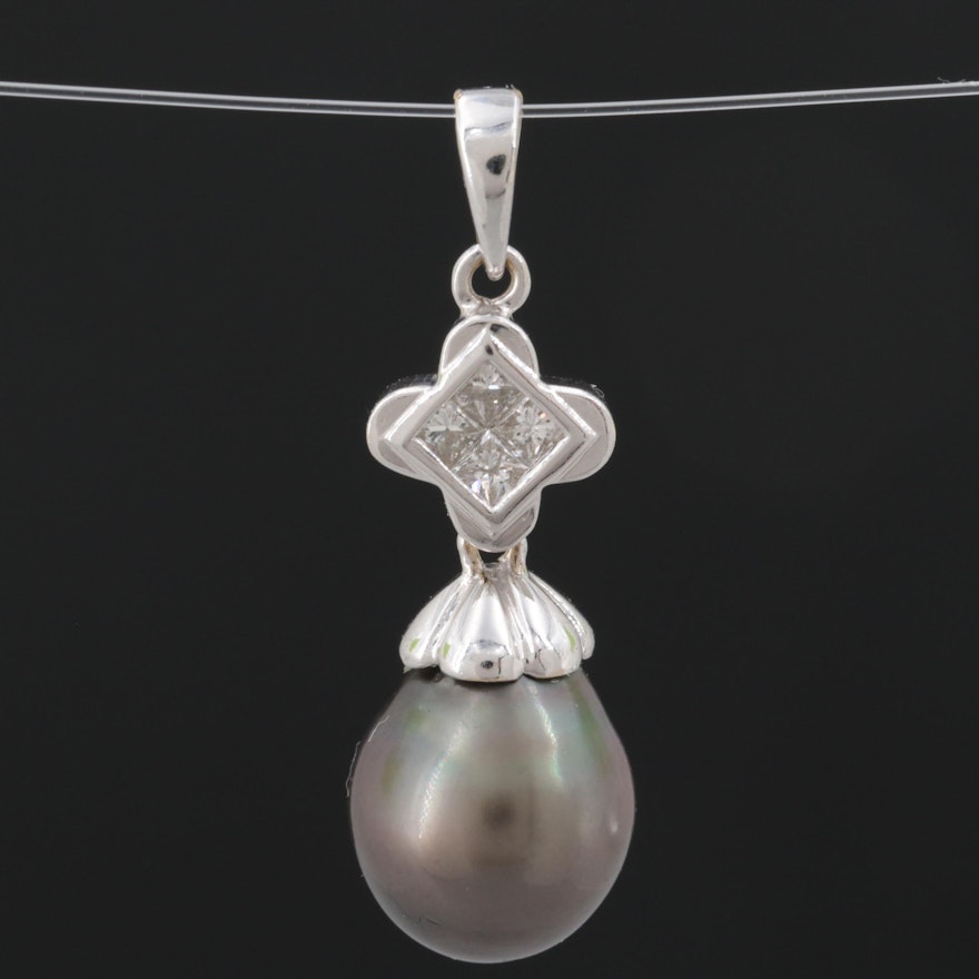 18K White Gold Cultured Pearl and Diamond Pendant