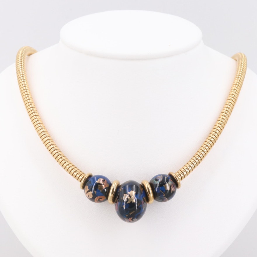 Fidia Gioielli 18K Yellow Gold Glass and Enamel Necklace with Sterling Accents