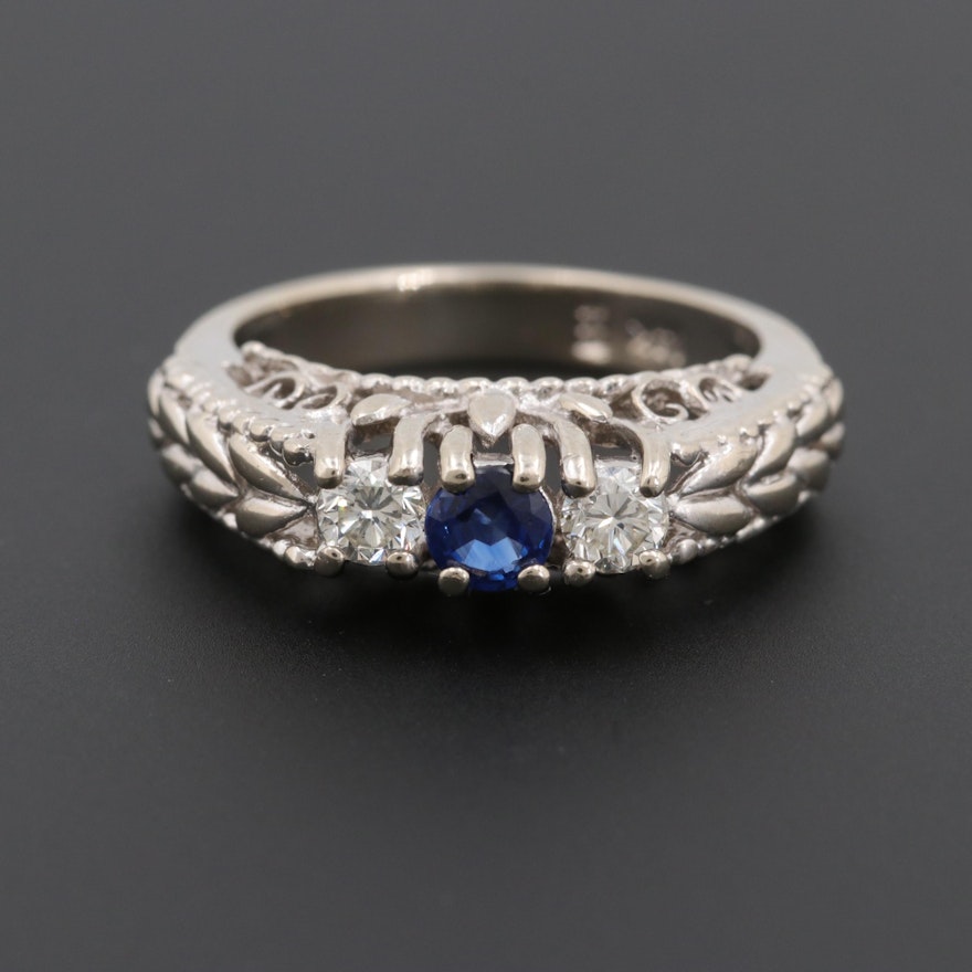 14K White Gold Blue Sapphire and Diamond Ring with Foliate and Scroll Mounting