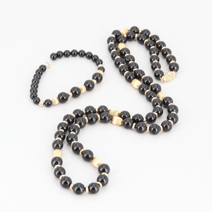 14K Yellow Gold Black Onyx Bead Necklace and Bracelet