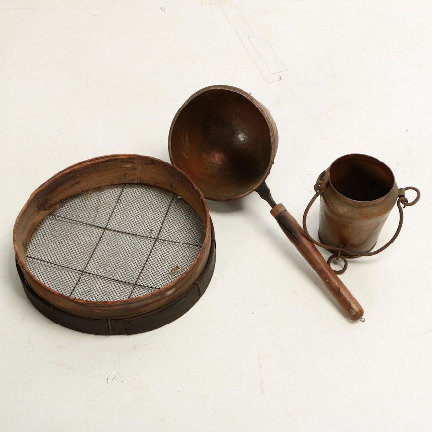 Industrial Copper Sauce Pot and Kettle with Mesh Sieve, 19th Century