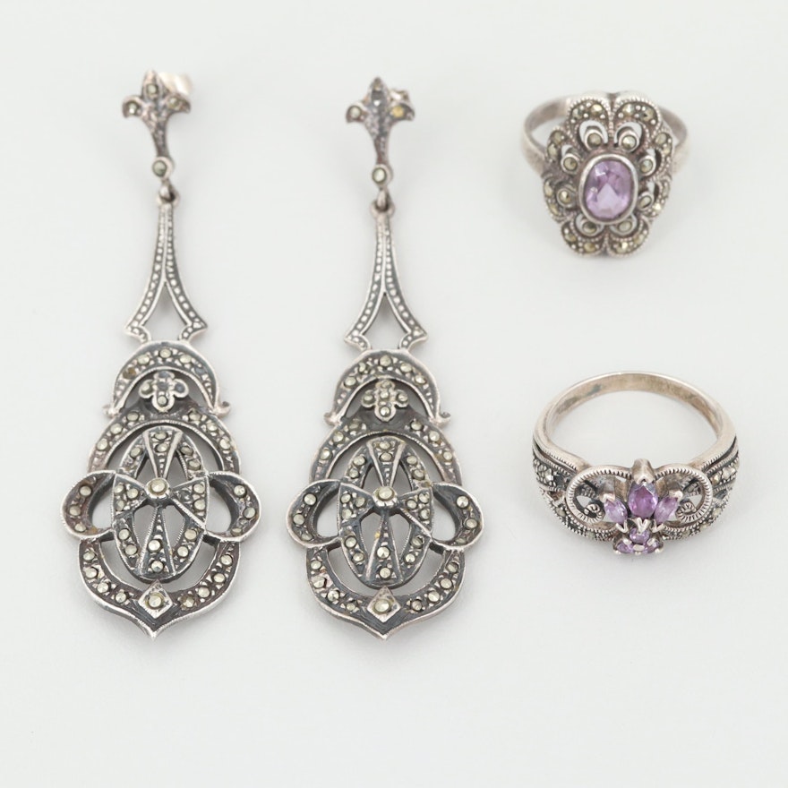 Art Deco Inspired Sterling Silver Amethyst and Marcasite Rings and Earrings
