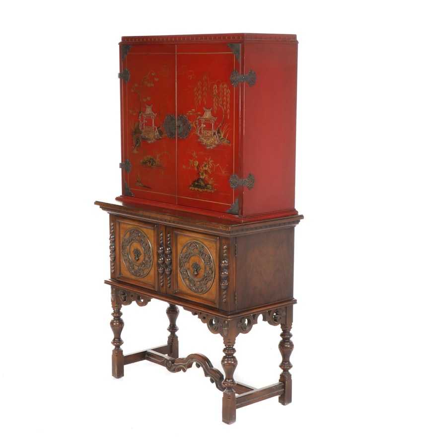 Chinoiserie Hand-Painted Wood Case on William and Mary Style Walnut Base, 20th C