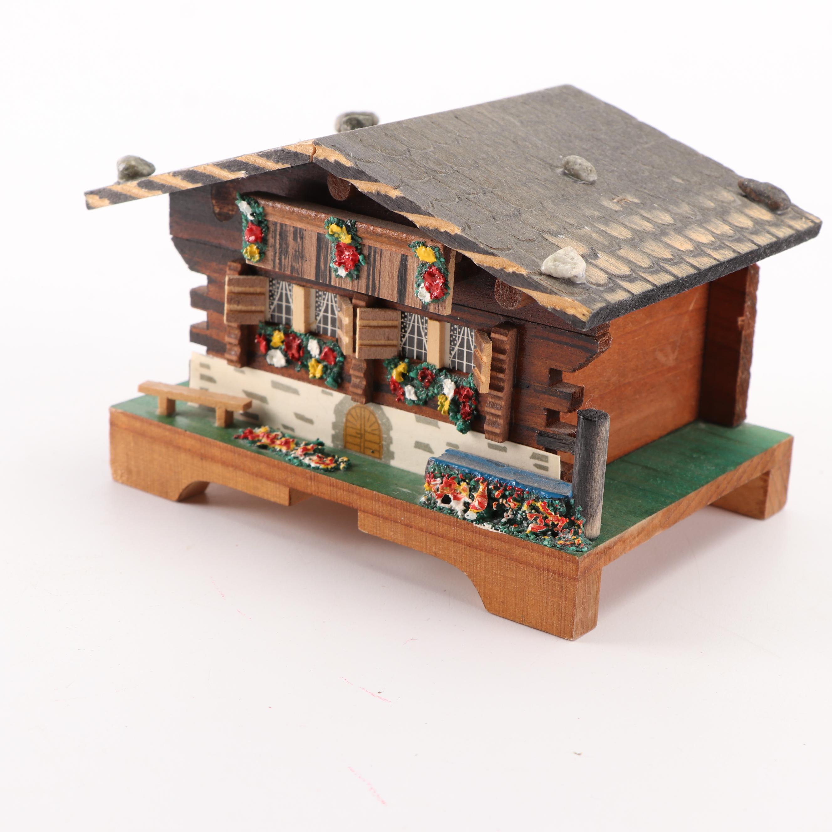 Cuendet Swiss Wooden Chalet "Edelweiss" Music Box, Mid to Late 20th Century