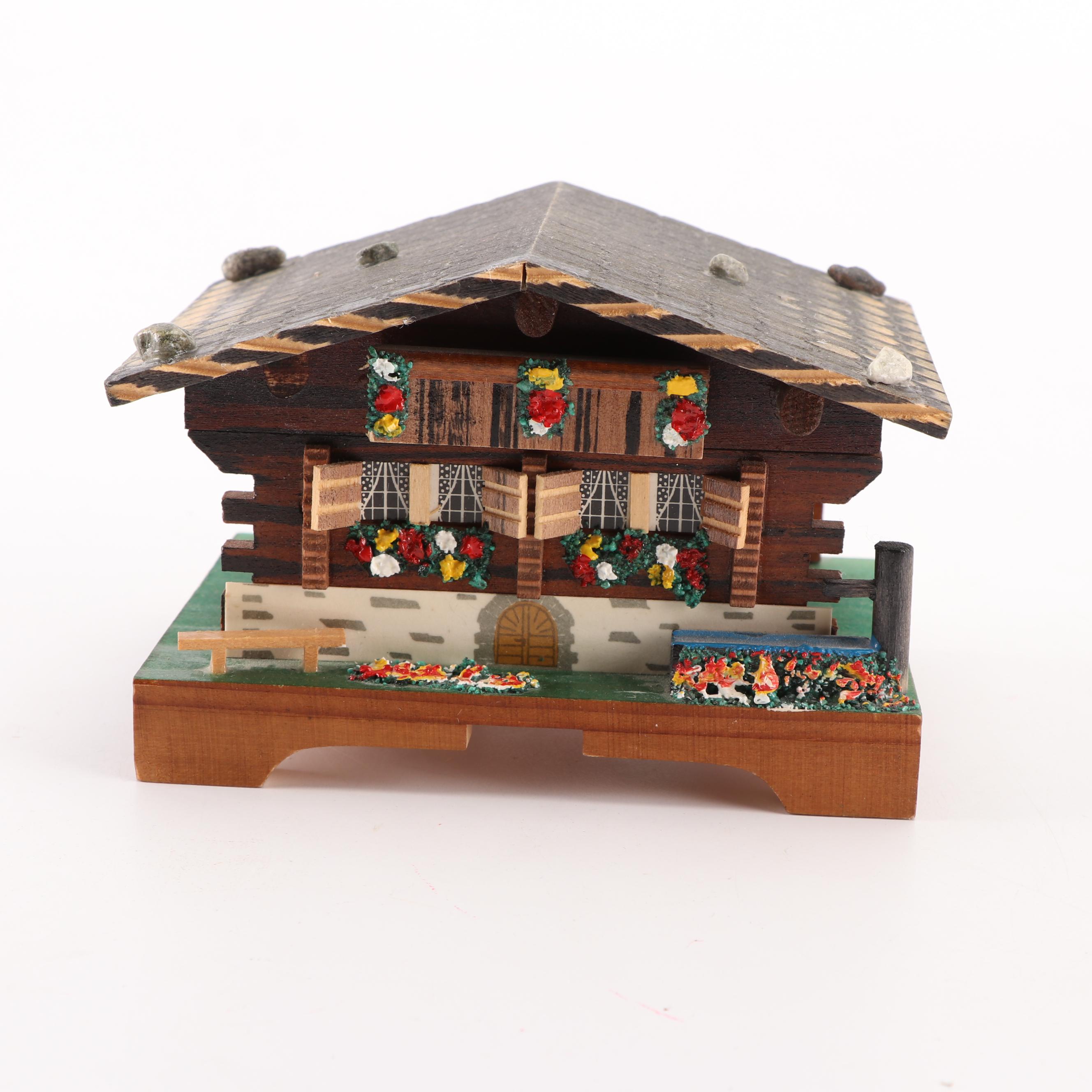 Cuendet Swiss Wooden Chalet "Edelweiss" Music Box, Mid to Late 20th Century