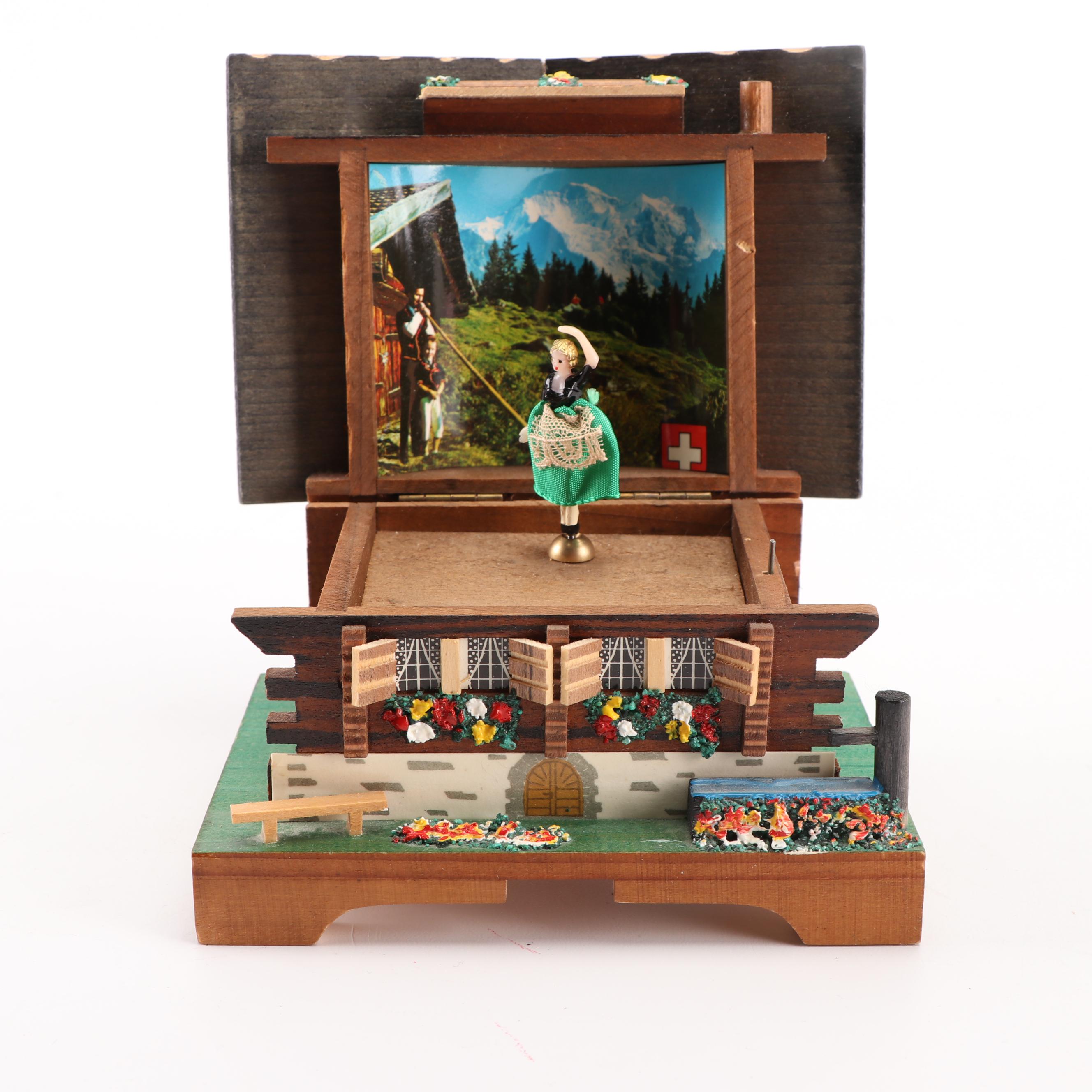 Cuendet Swiss Wooden Chalet "Edelweiss" Music Box, Mid to Late 20th Century