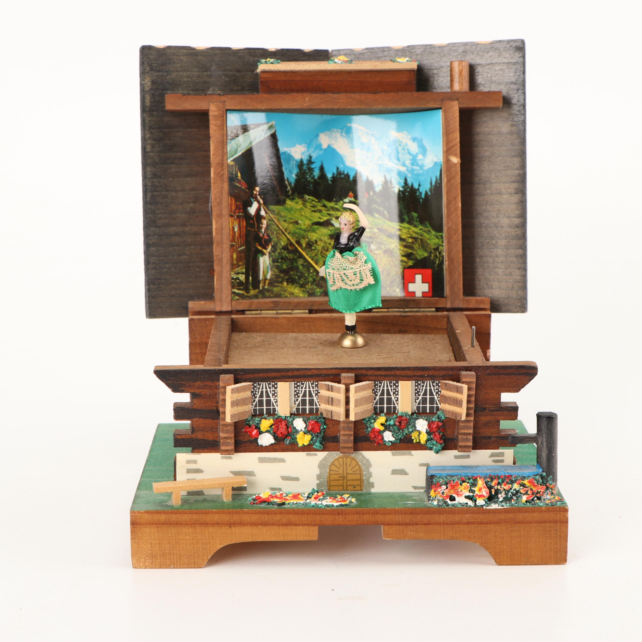 Cuendet Swiss Wooden Chalet "Edelweiss" Music Box, Mid to Late 20th Century