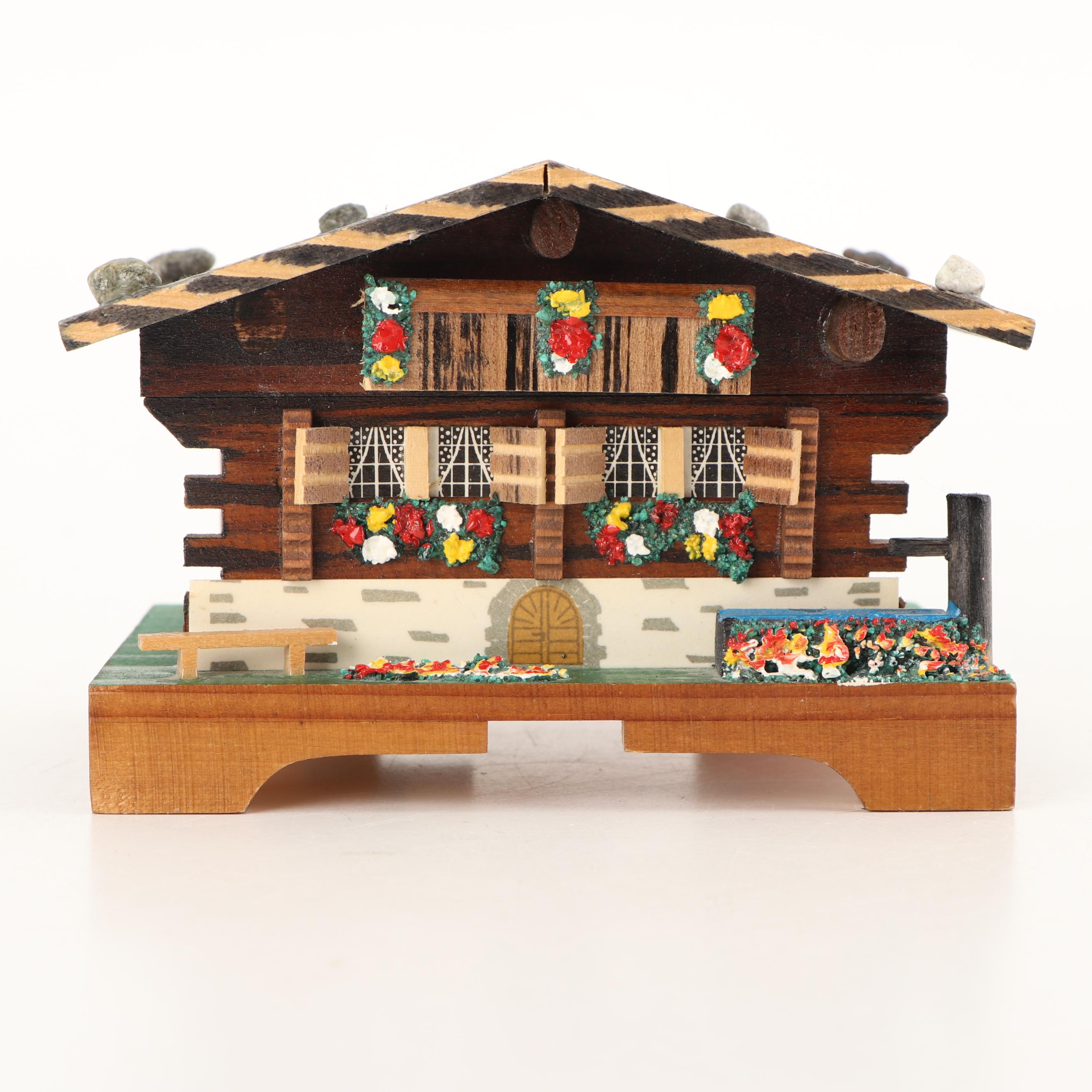 Cuendet Swiss Wooden Chalet "Edelweiss" Music Box, Mid to Late 20th Century