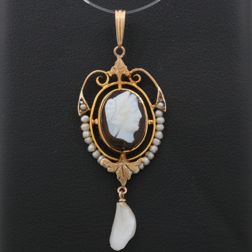 Victorian 10K Yellow Gold Black Onyx Cameo Pendant with Cultured Pearl Accents