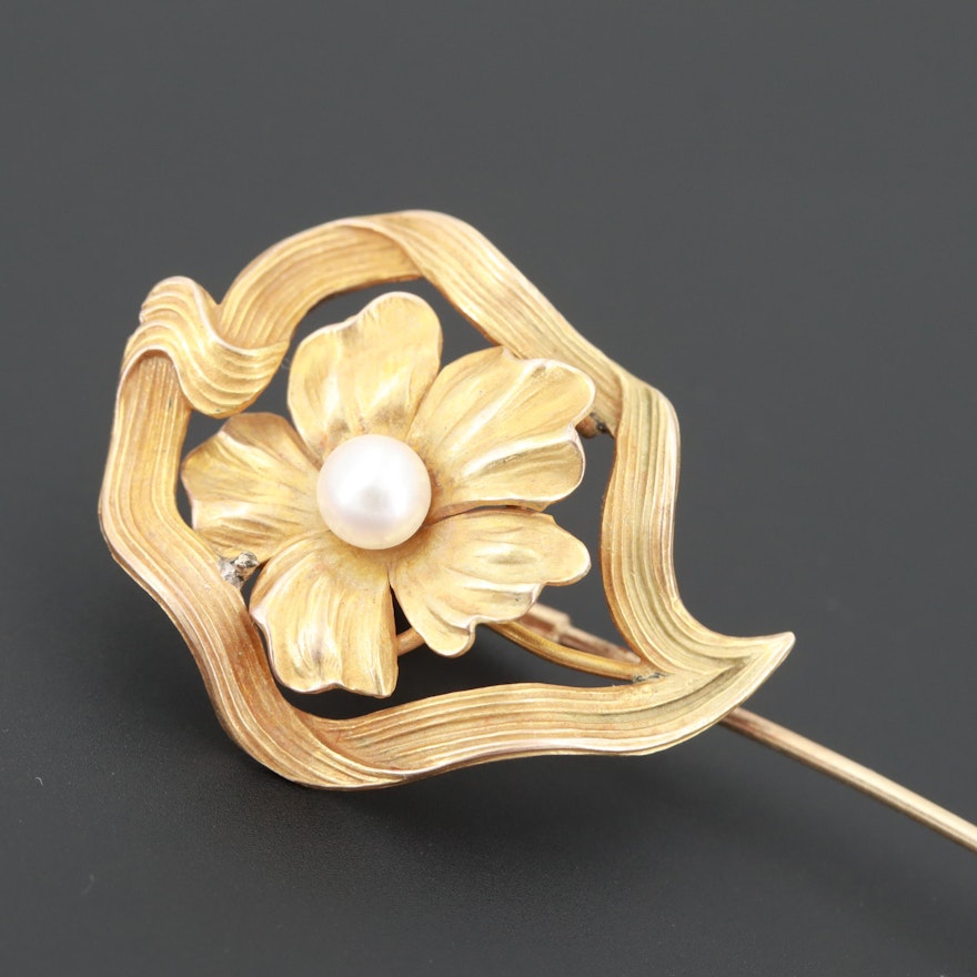 Art Nouveau 10K Yellow Gold Cultured Pearl Floral Stick Pin