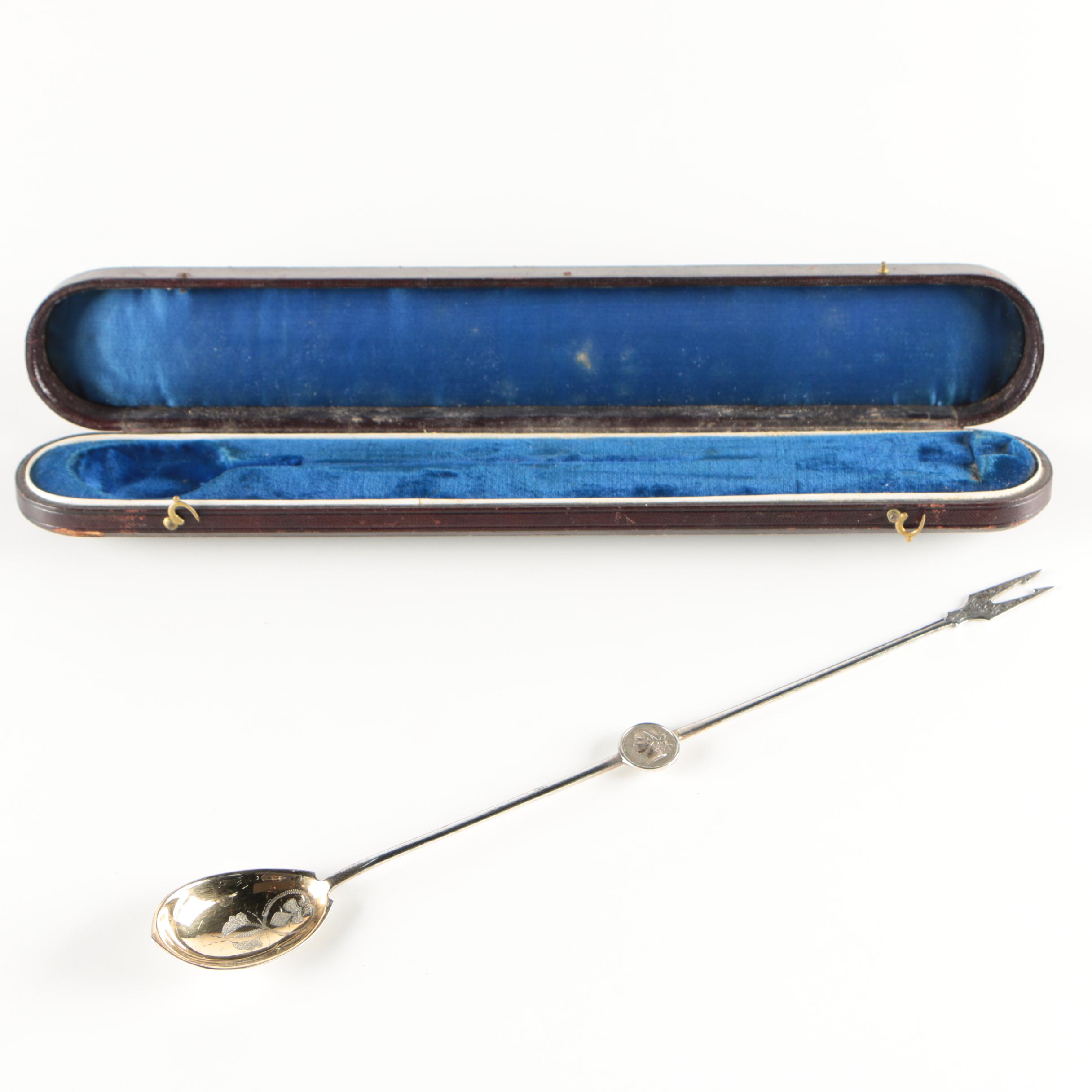 Victorian Coin Silver Pickle Fork in Presentation Case