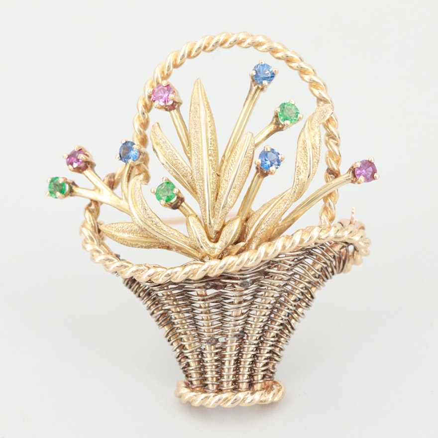 14K Yellow Gold Ruby, Emerald, and Blue Sapphire Gardinetto Brooch