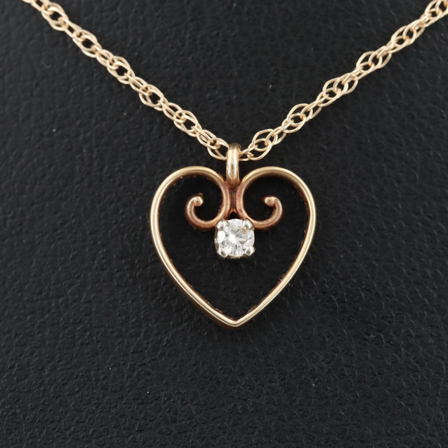 14K Yellow Gold Diamond Heart Pendant Necklace
