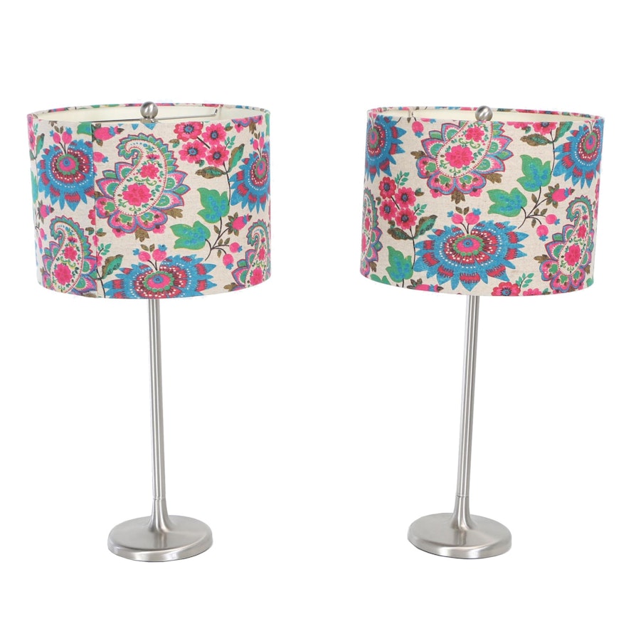 Modernist Style Brushed Steel Table Lamps with Printed Floral Shades
