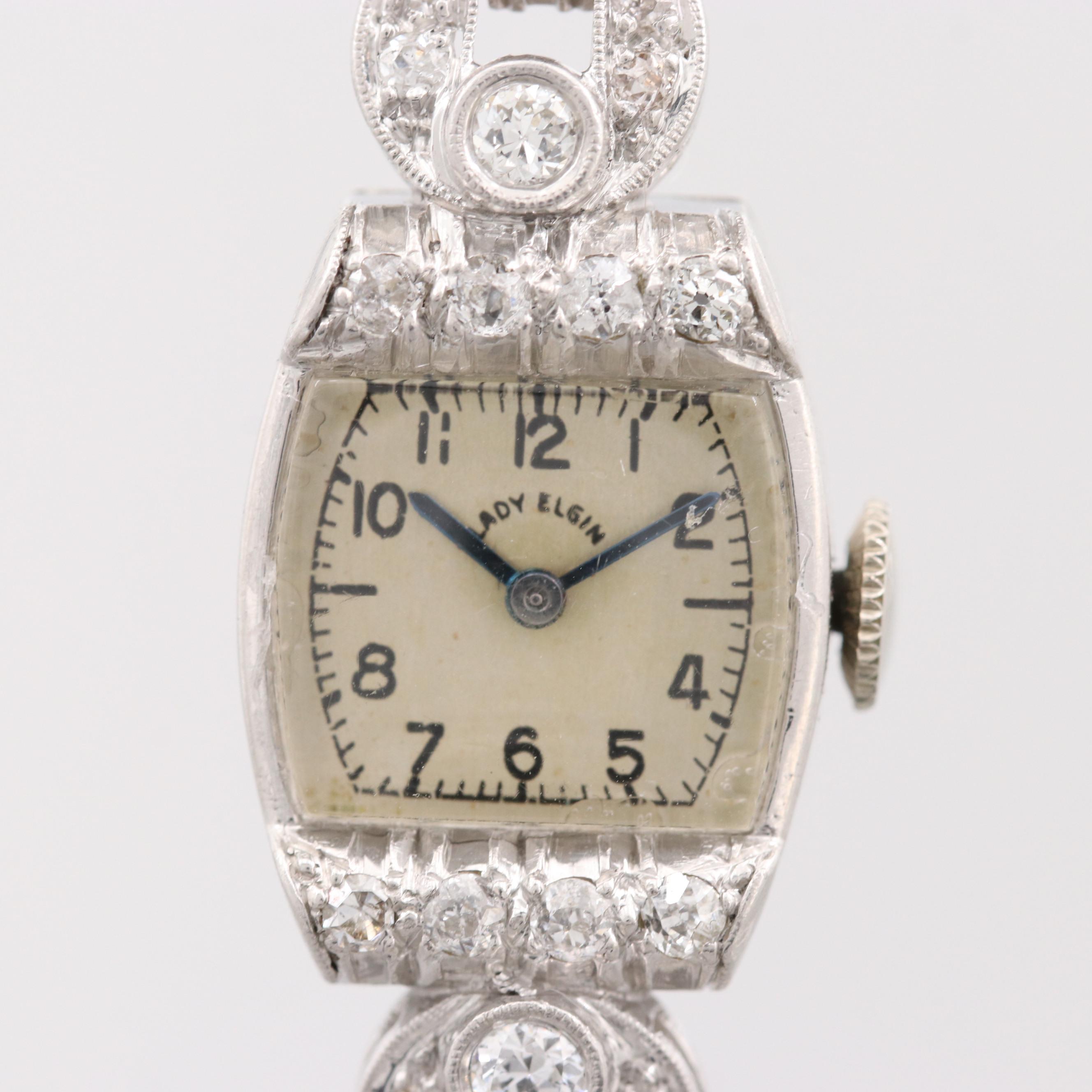Lady Elgin Platinum Watch With Diamond Bezel and Lugs