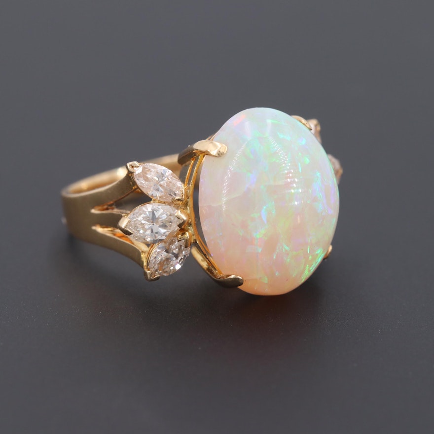 Vintage 18K Yellow Gold Opal and 1.00 CTW Diamond Ring