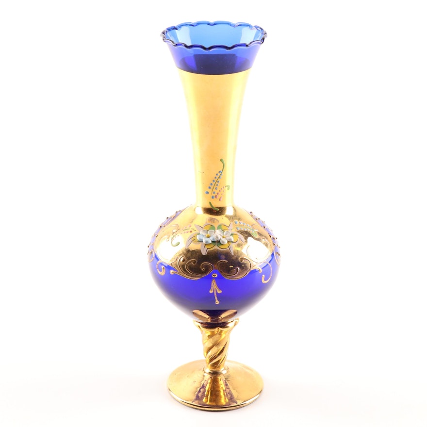 Hand-Painted Bohemian Cobalt Blue and Gold Vase, Early 20th Century