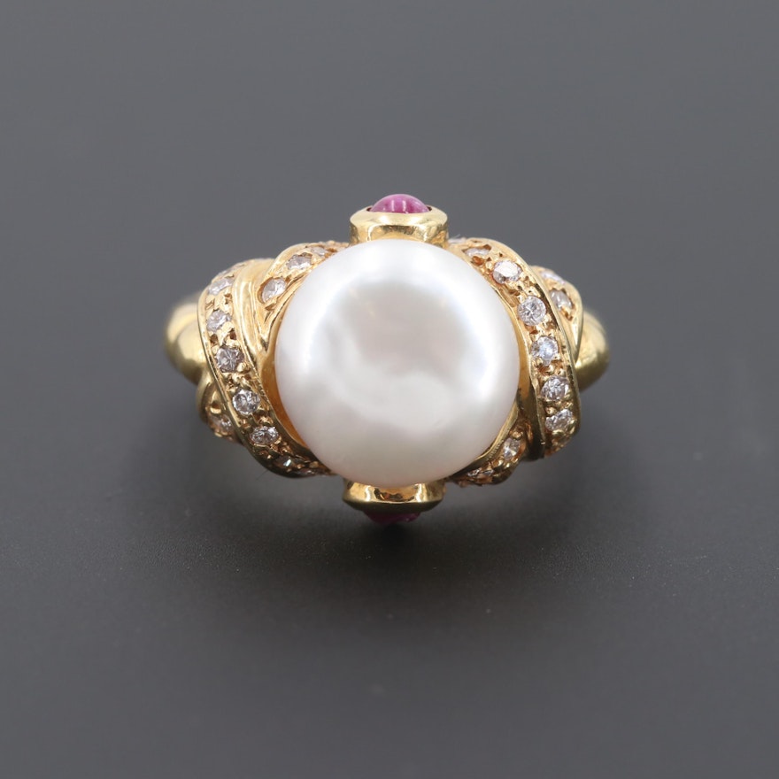 18K Yellow Gold Cultured Pearl, Ruby and Diamond Ring